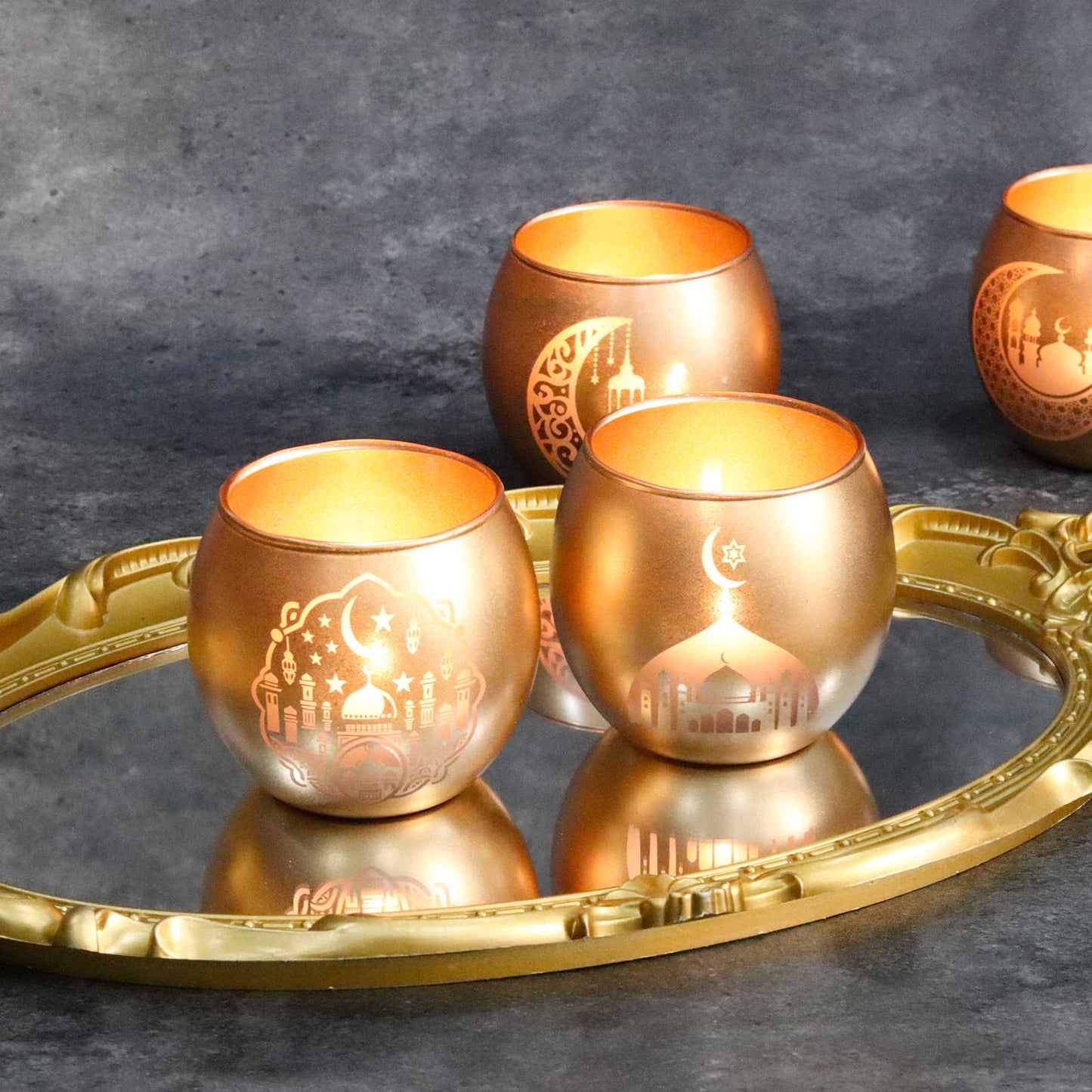 Gold Ramadan Decorations for Home Set of 6, Mosque & Crescent Moon Glass Tealight Candle Holders, Star & Lantern Votive Holders for Ramadan Table Decor, Elegant Eid Mubarak Islamic Gifts