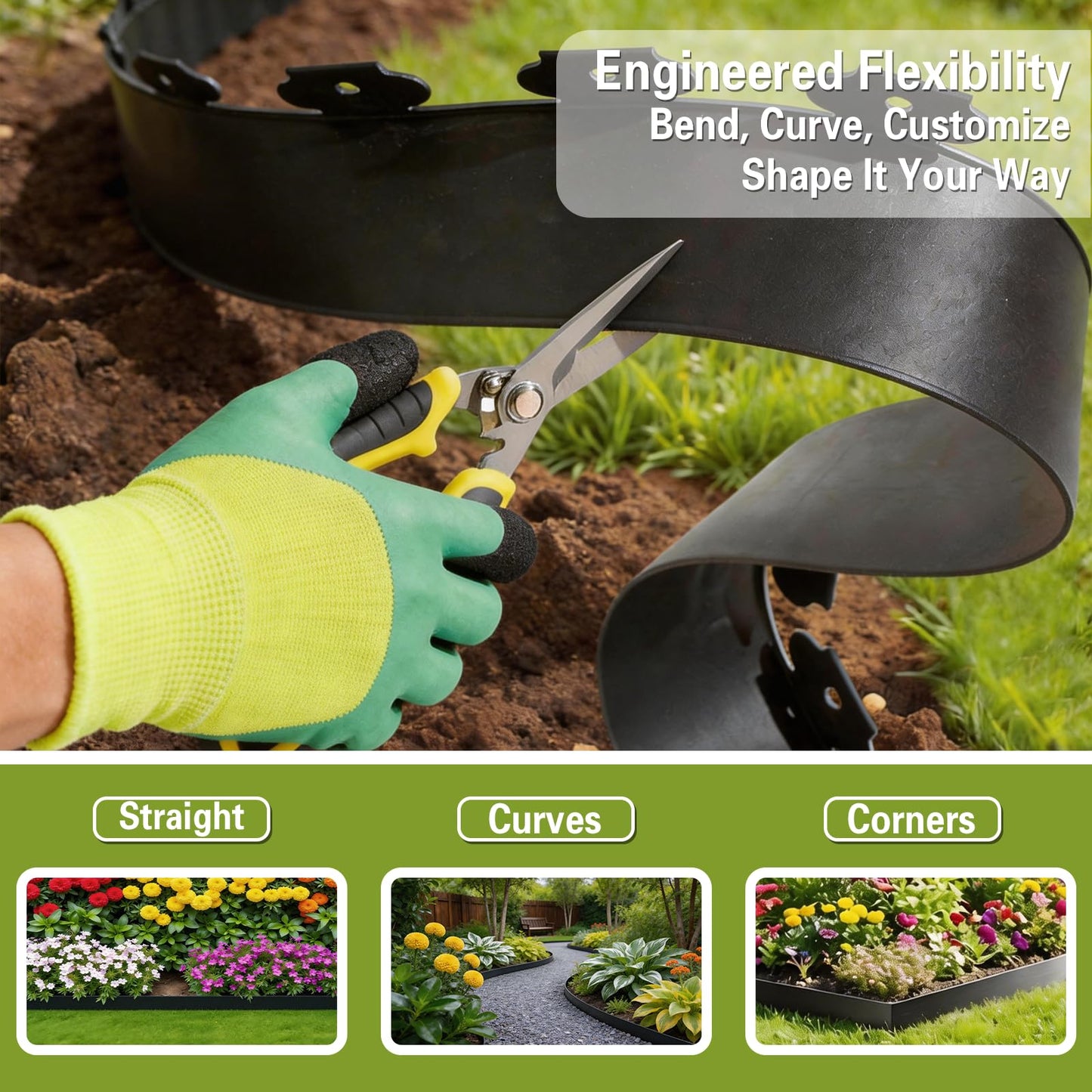 1.5in x 100ft No Dig Landscape Edging, Garden Edging Border with 150 Spikes, Hammer & Gloves, Tool-Free HDPE Lawn Edging Kit for Garden Yard Flower Beds Pathway Landscaping Project