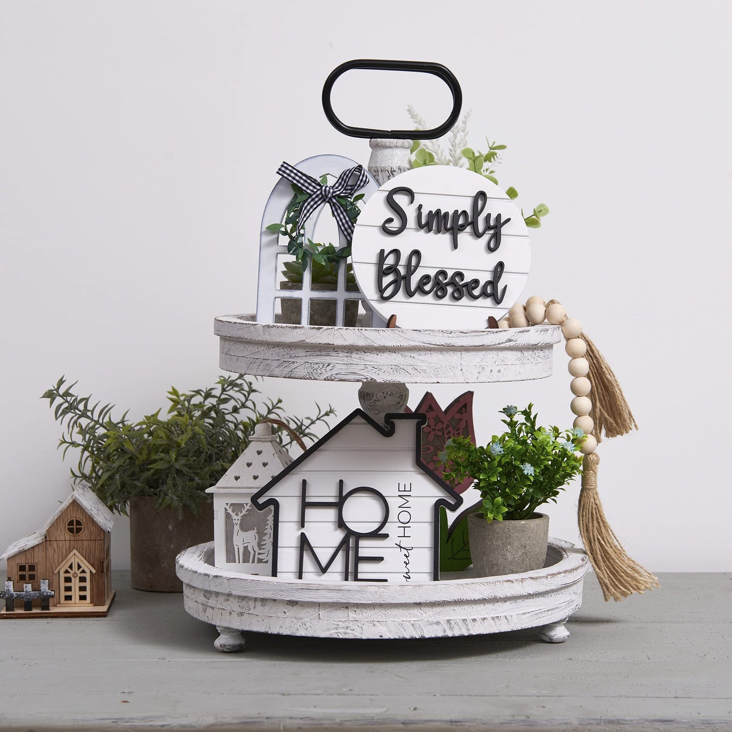 Houmury Rustic Farmhouse Tiered Tray Set with Succulent & Plant - Home Decor for Kitchens (Set of 8 Without Trays)