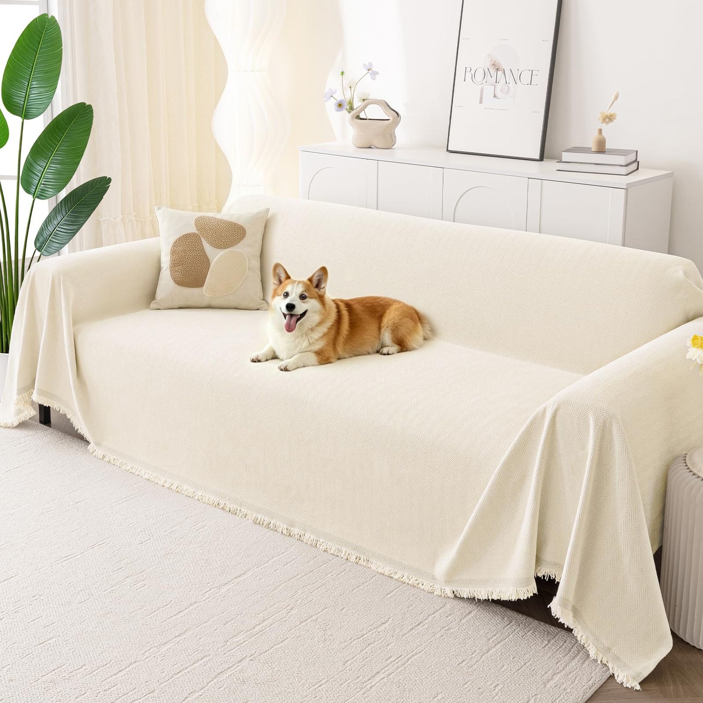 Smiry Couch Cover for Dogs, Washable Chenille Sofa Covers for 3 Cushion Couch, Soft Sofa Slipcover for Pets, Thick Sectional Furniture Protector with Tassels (Beige, 71x118 Inch)