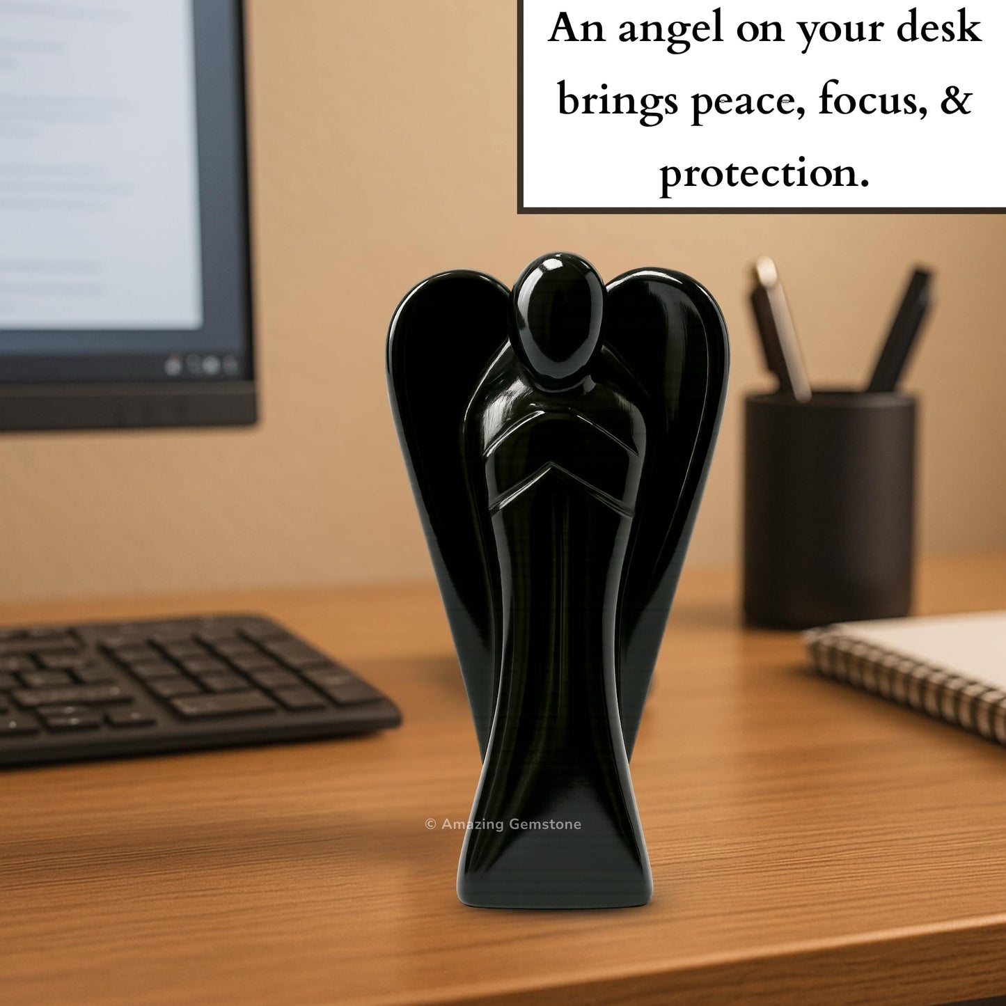 Amazing Gemstone Black Agate Angel - Black Agate Crystal Angel and Pocket Guardian Angel Crystal Figurines (3 Inches)