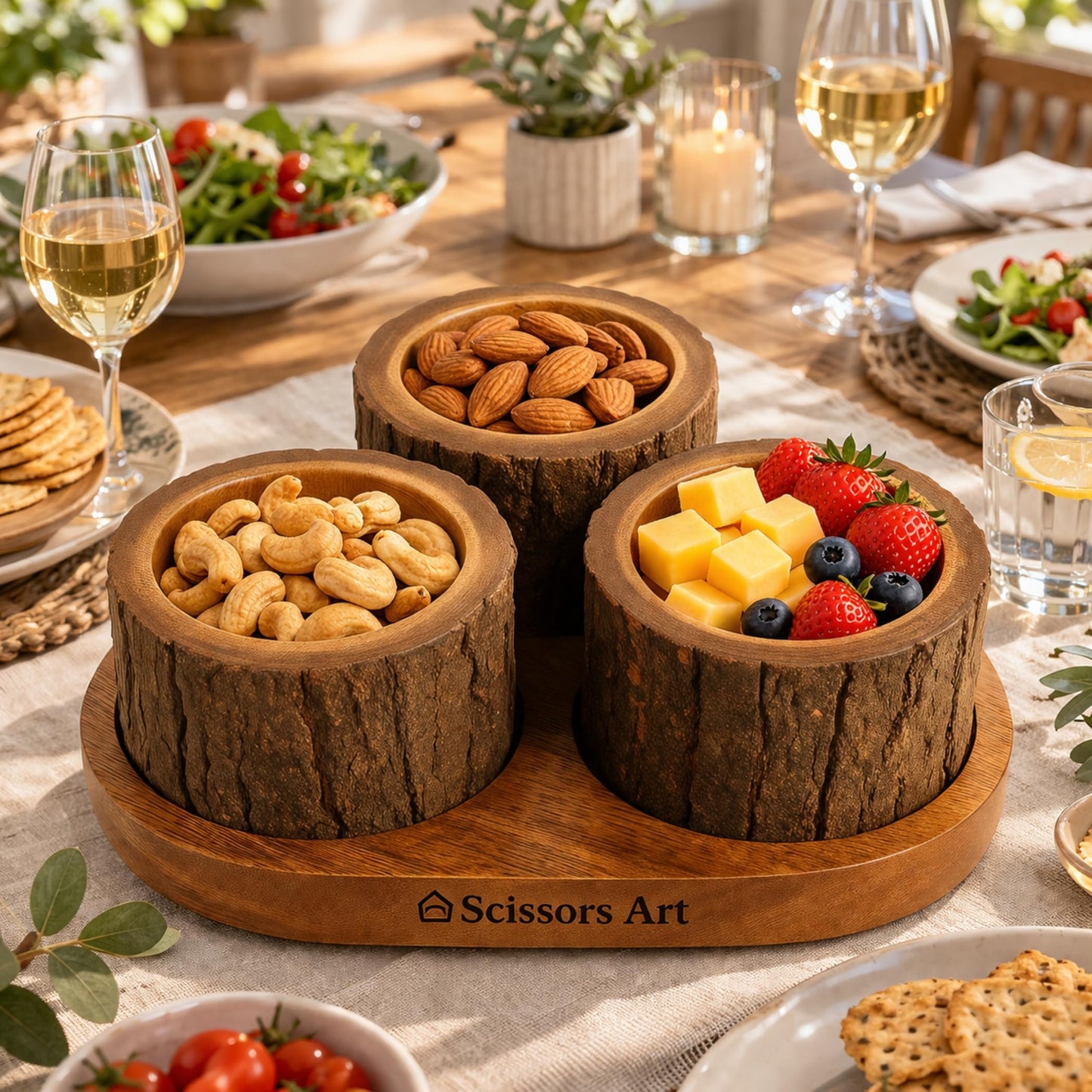 Scissors Art Wooden Dry Fruit Serving Set – 360° Rotating Divided Snack Organizer | Fruit & Veggie Platter for Party, Candy, Appetizer & Condiment Serving Bowls (3 Bowl Set)