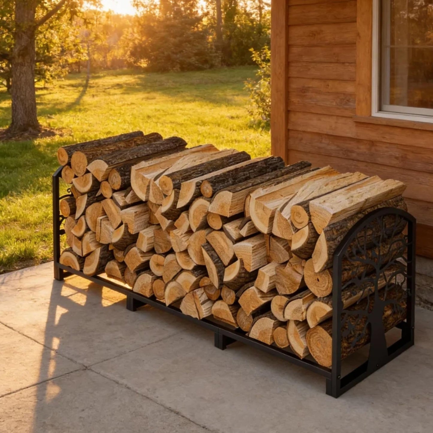 ZONVEOKE 4ft Firewood Rack Outdoor Indoor, Heavy Duty Log Storage Holder with Artistic Tree Silhouette Sides, Steel Wood Pile Stand for Backyard, Patio & Porch, Holds 1/4 Cord Firewood