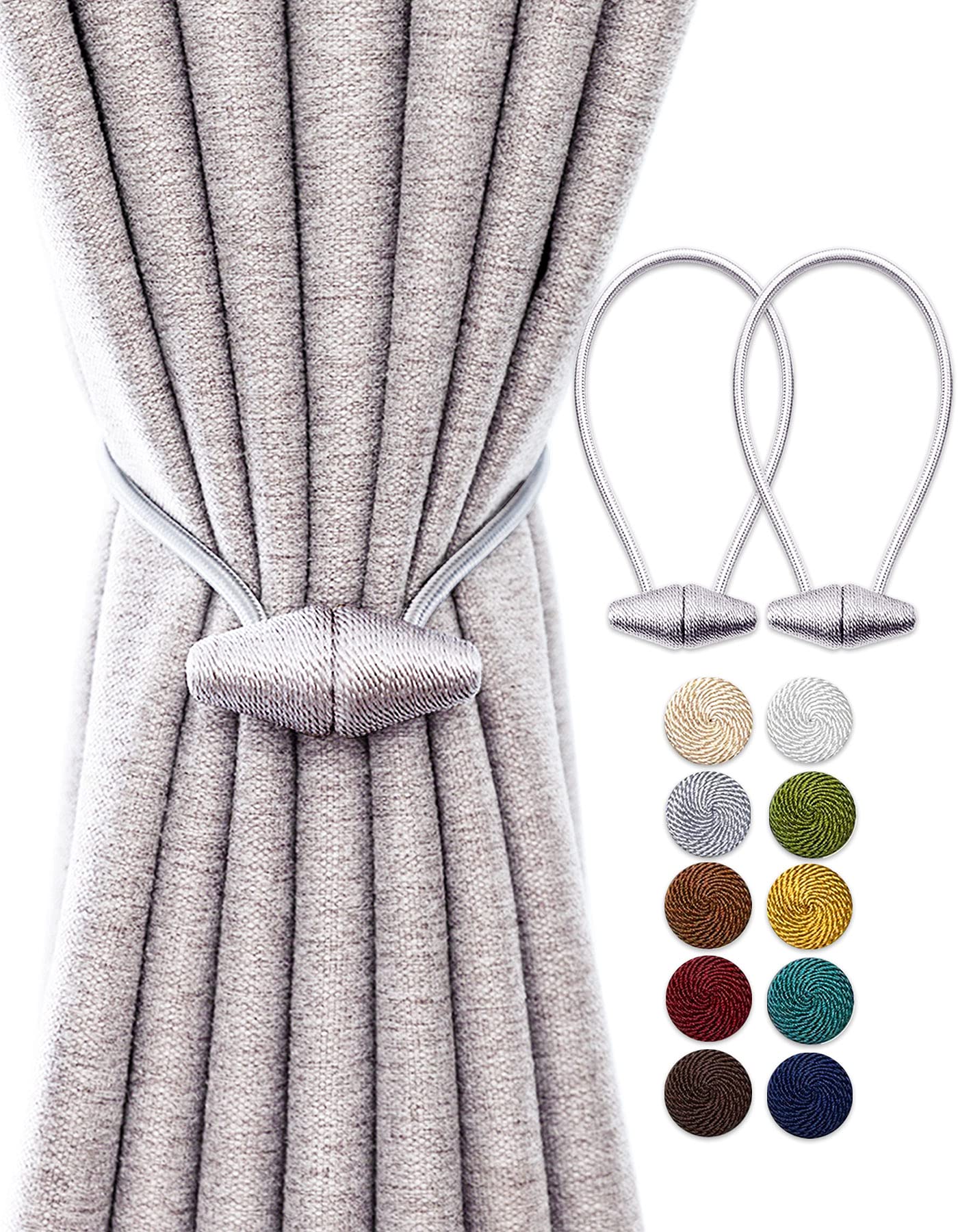 TECVINCI Magnetic Curtain Tiebacks with Upgrade Larger Magnet, 2 Pack 16 Inch Drapery Holdbacks for Indoor & Outdoor Curtain - Silver Grey