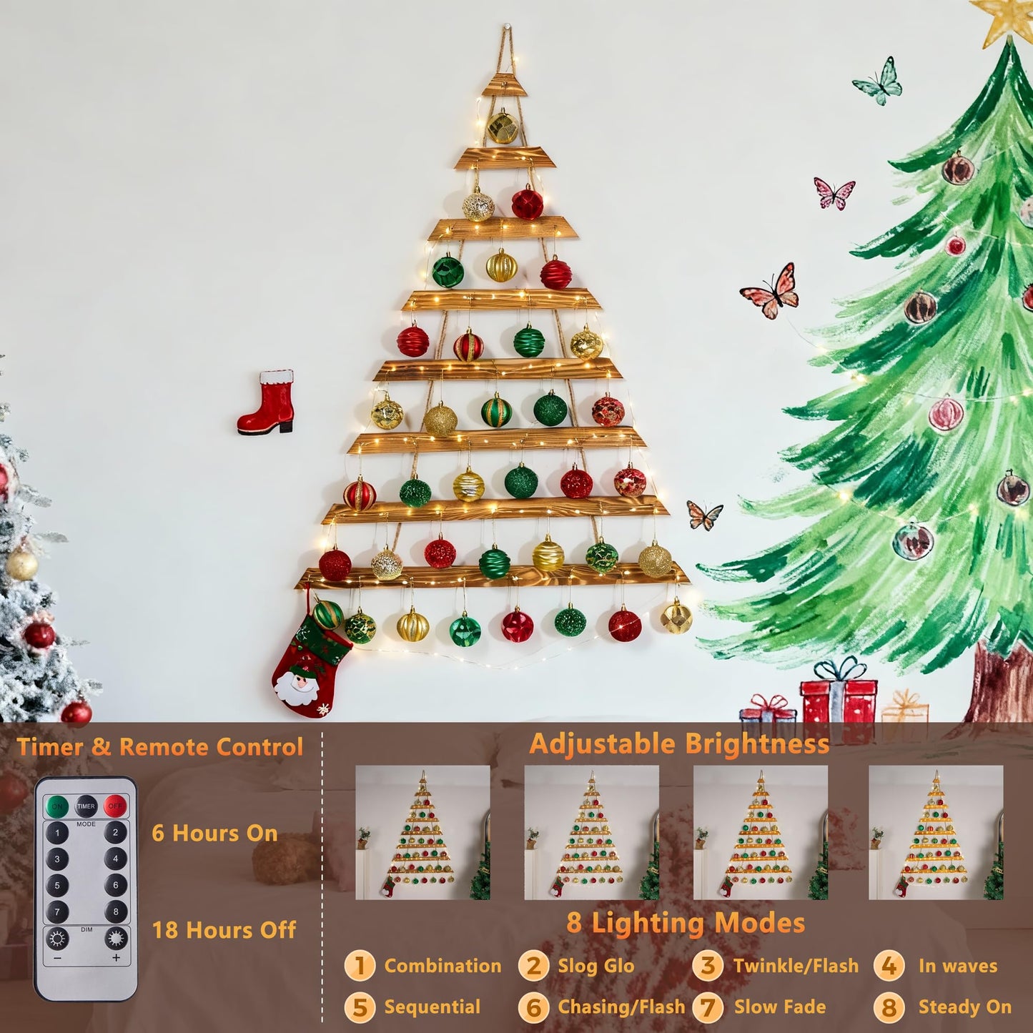 SOONOW 44" Wall Hanging Christmas Tree with Remote LED Lights and 36 Ornaments, Lighted Wood Christmas Tree for Living Room, Bedroom Holiday Wall Decor