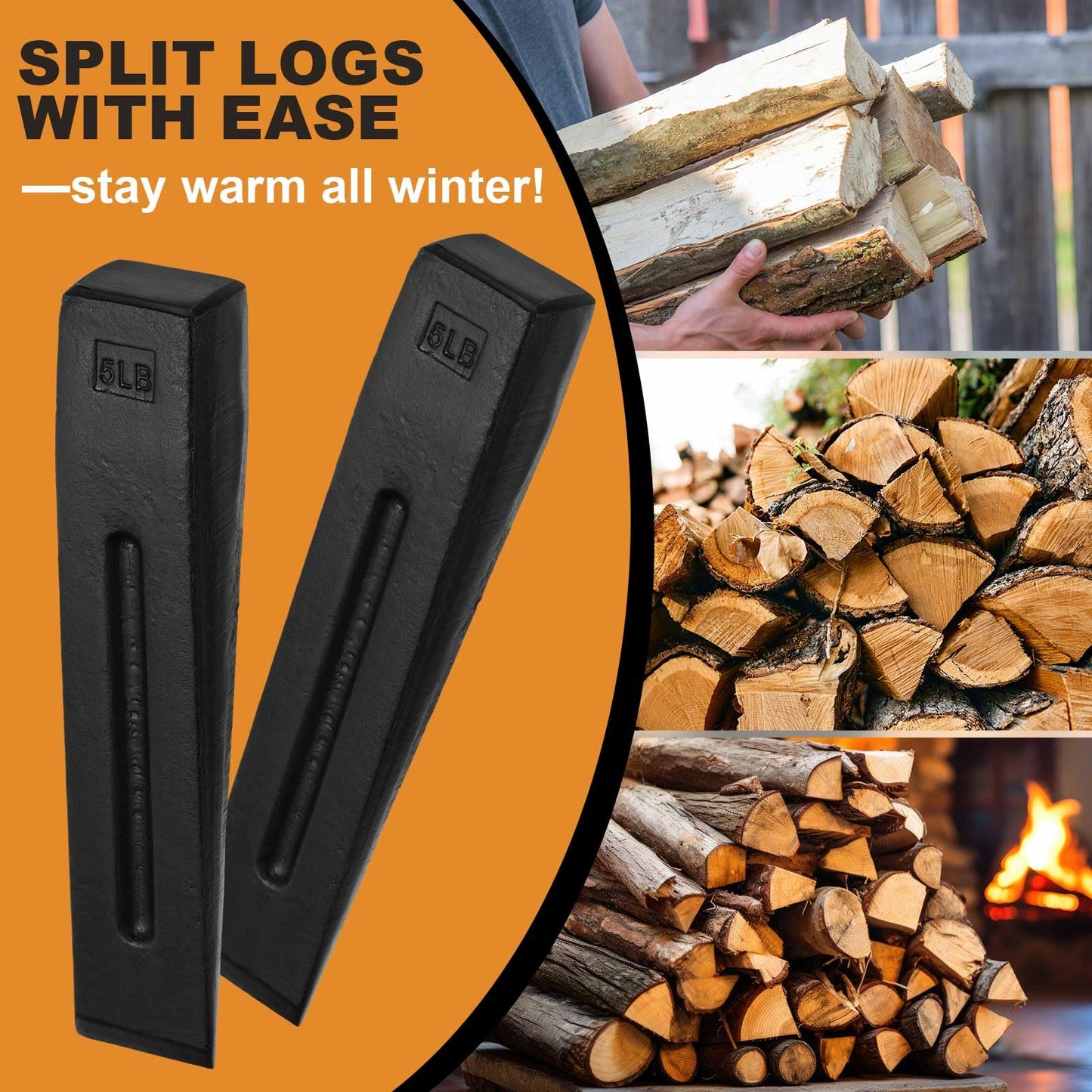 Otoolling 2 Pcs Manual Log Splitter Wedge Wood Splitting Wedges for Firewood 2 Way Black Design Forged Steel Tool for Easy Wood Splitting Sharpened Edge for Outdoor Logging Chopping(5 Lbs)