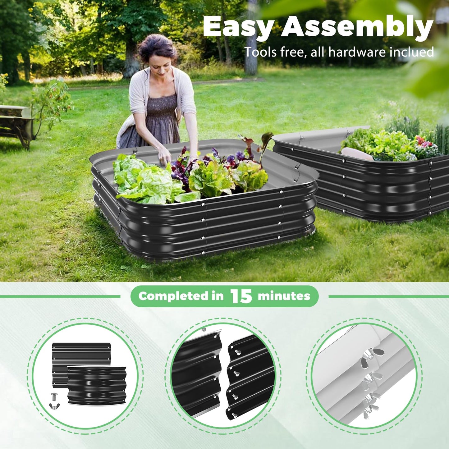 JAUZVIL Galvanized Raised Garden Bed, 4x4x1ft Garden Planter Bed Outdoor, Heavy Duty Rustproof Steel Raised Bed Kit for Gardening Vegetables Fruits Flowers Grow Black