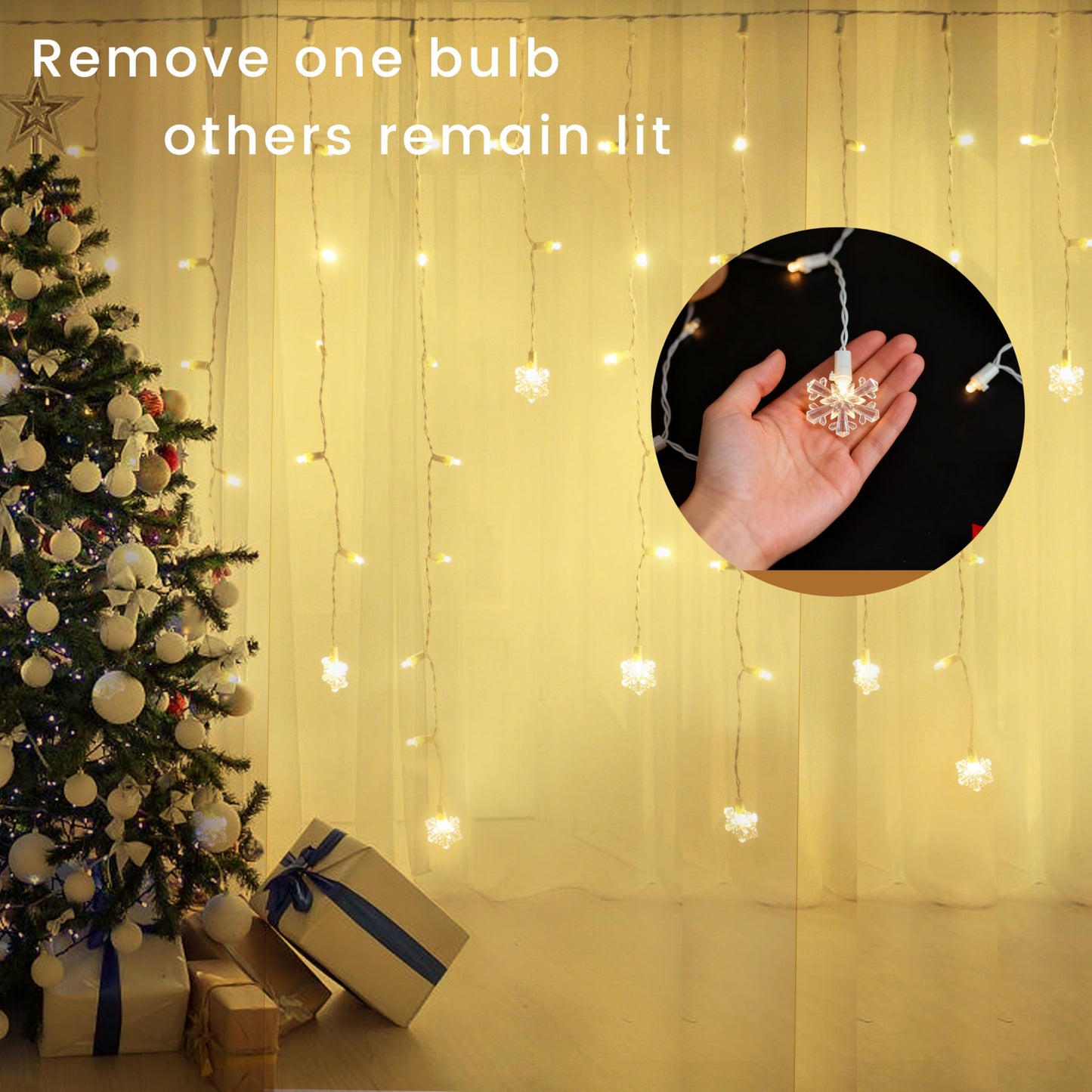 Icicle Lights for Outside 180 Clear Warm White 5MM Led 26.4ft White Wire Snowflake with 8 Mode Function Curtain String Lights Indoor Warm White and Outdoor for roof Patio Garden Bedroom (Remote)