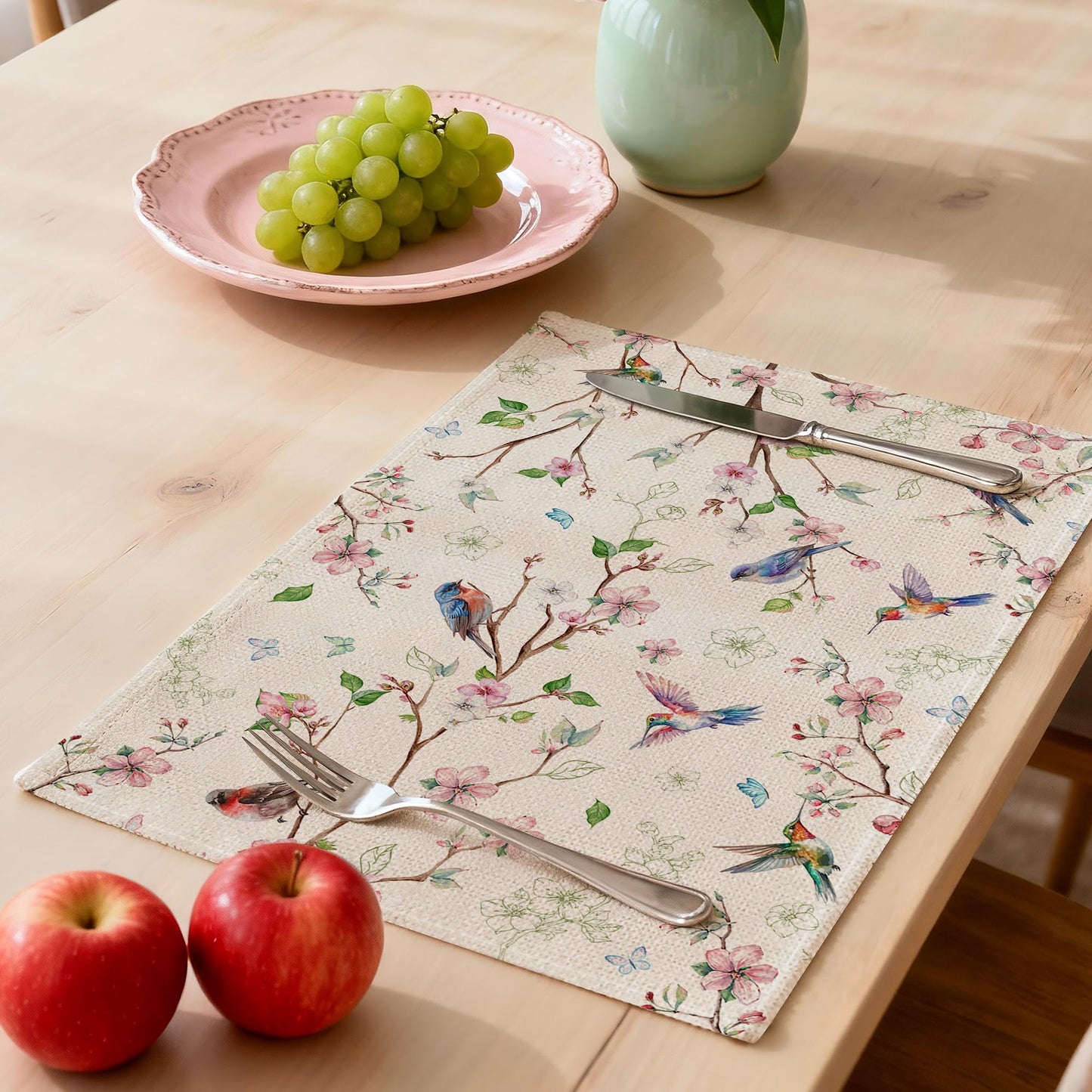 Cusugbaso Spring Placemats Set of 4 12x18 inch for Dinning Table - Floral Bird Branch Spring Decor for Party, Dinner - Farmhouse Seaosonal Table Mats Floral Decroations for Home