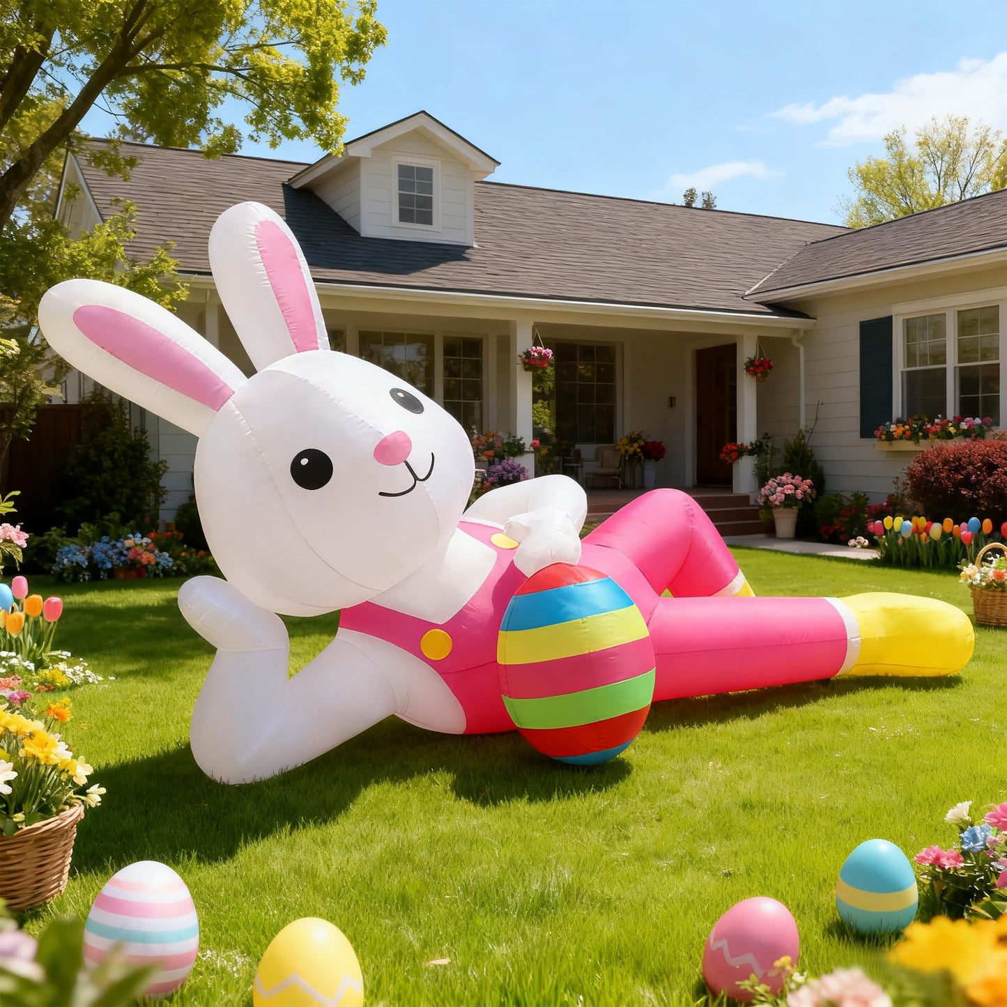 12ft Giant Easter Bunny Inflatable Lying Bunny Outdoor Decorations Blow up Decor for Yard Decor/Lawn/Garden/Holiday Party