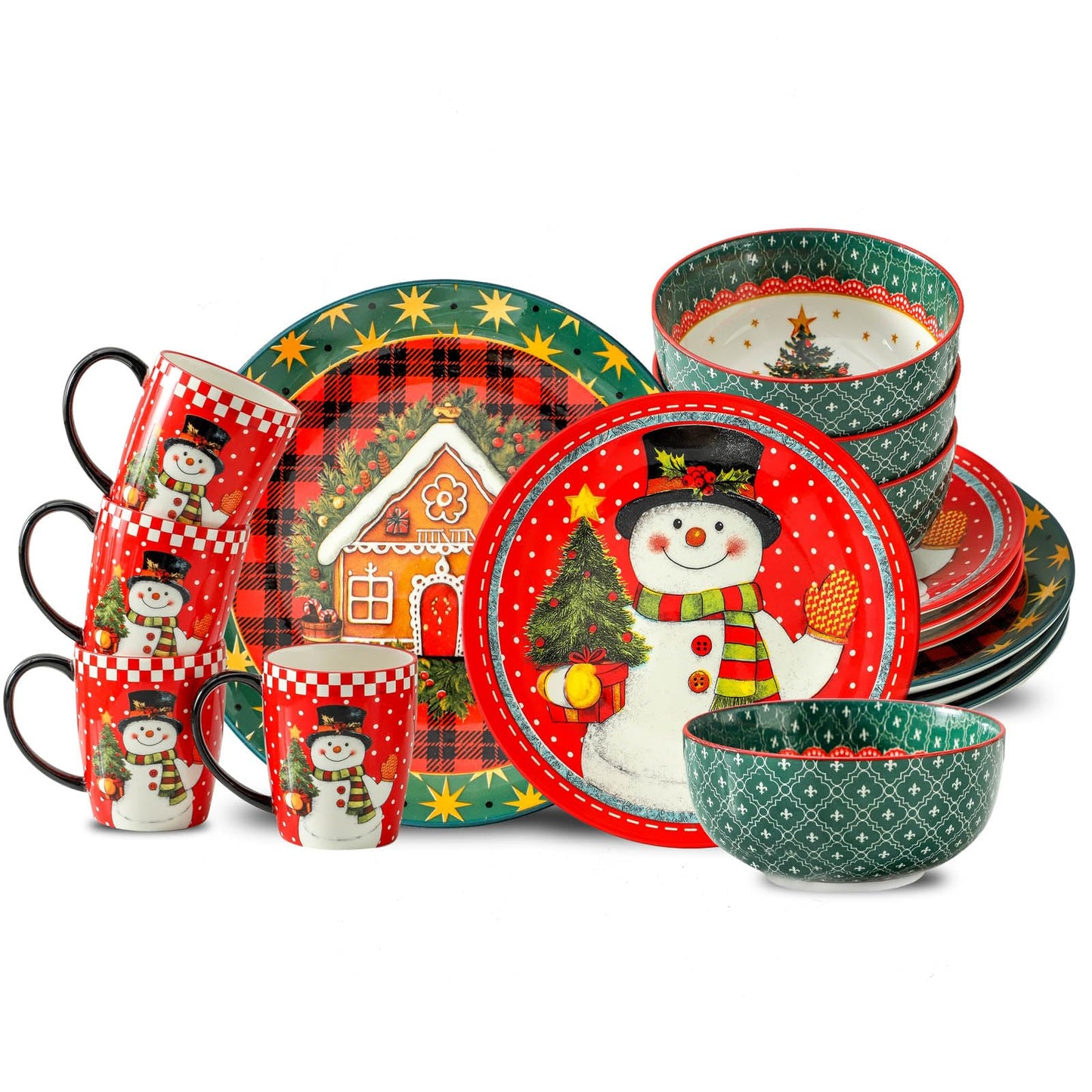Hasense 16 Pcs Ceramic Dinnerware Sets, Holiday Coffee mugs Plates and Bowls Set for 4, Chip & Scratch Resistant Party Serving Dishes Microwave and Dishwasher Safe, Colorful