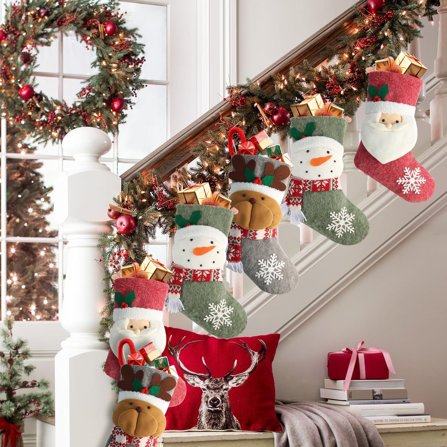 Fruasio 18.5 Inch Christmas Stockings for Hanging Set for 3, Large Xmas Fireplace Mantel Socks with Snowman, Reindeer & Santa, Classic Holiday Hanging Decorations for Home, Party & Gift Stuffers