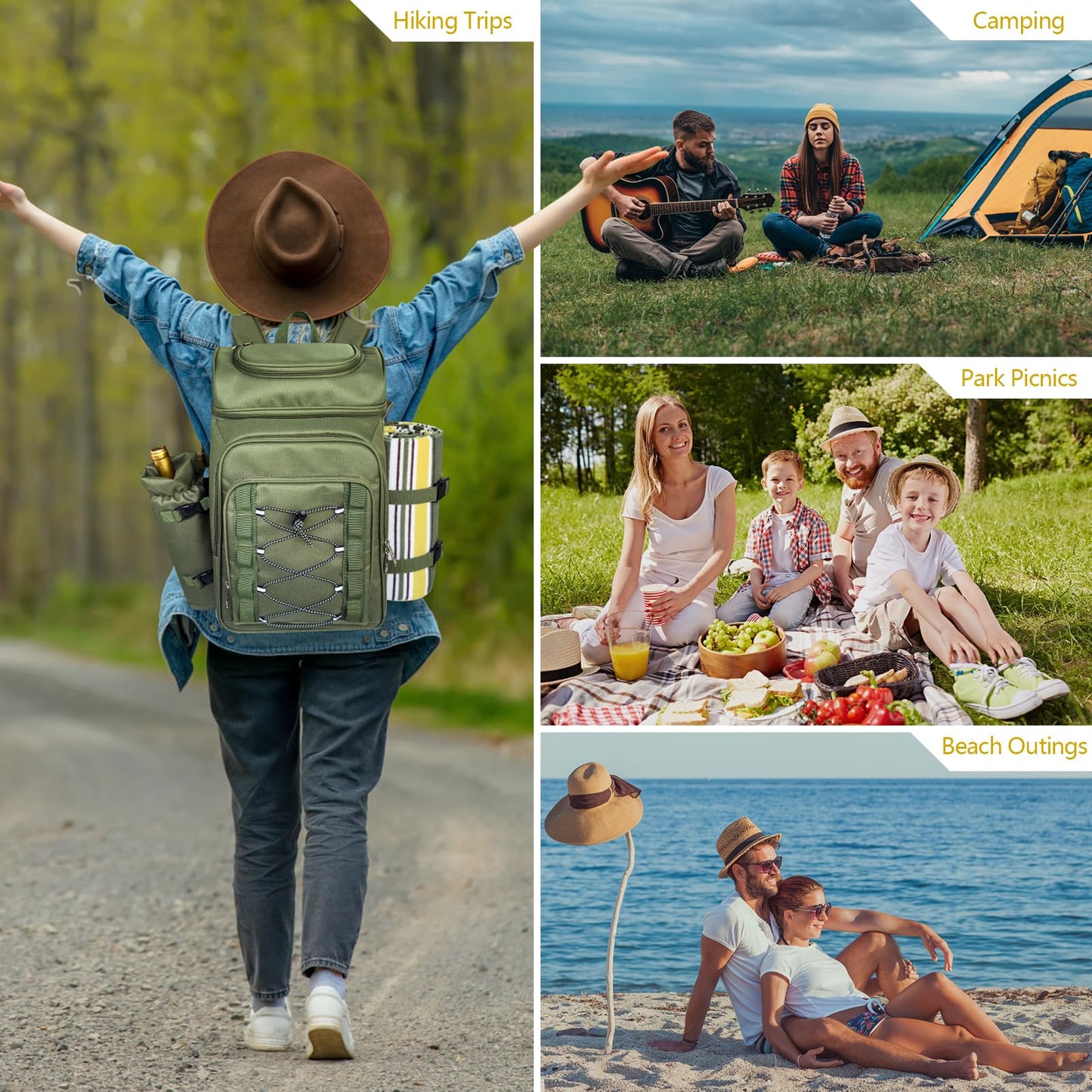 Hap Tim Picnic Basket Backpack for 4 Person with Blanket, Insulated Leakproof Cooler Compartment, Wine Holder, Cutlery Set, Engagement Gifts for Couples, White Elephant Gift Ideas, Green (36221-GR)