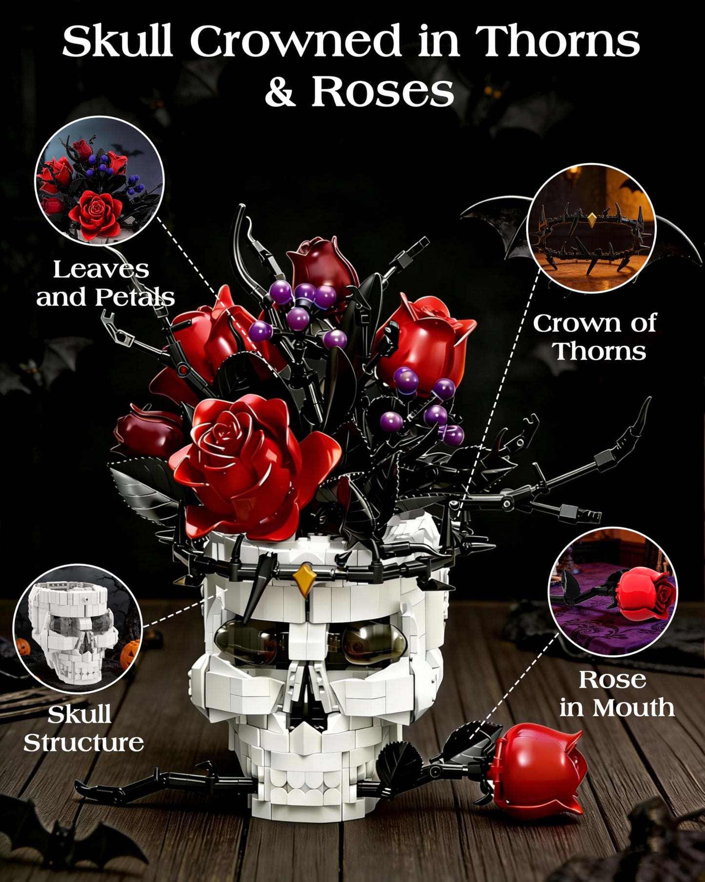 Gothic Skull Rose Building Set for Adults, Skull Home Decor for Table Shelf Centerpiece, Compatible with Lego Skull Flowers Horror Set, Halloween & Valentine's Day Gift for Teens Adult