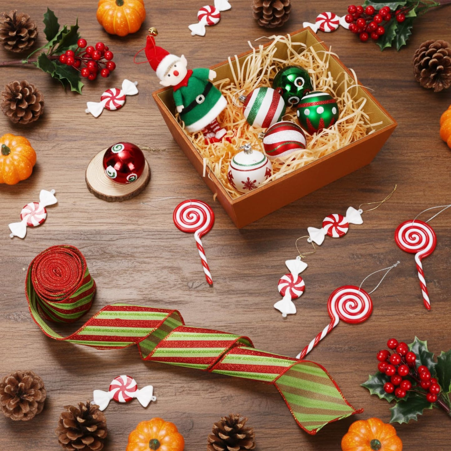 43 Pcs Elf Christmas Tree Decorations Elf Christmas Tree Hanging Ornaments Topper Candy Ball Pendant Red White Green Hanging Ornaments for Holiday Party Decoration