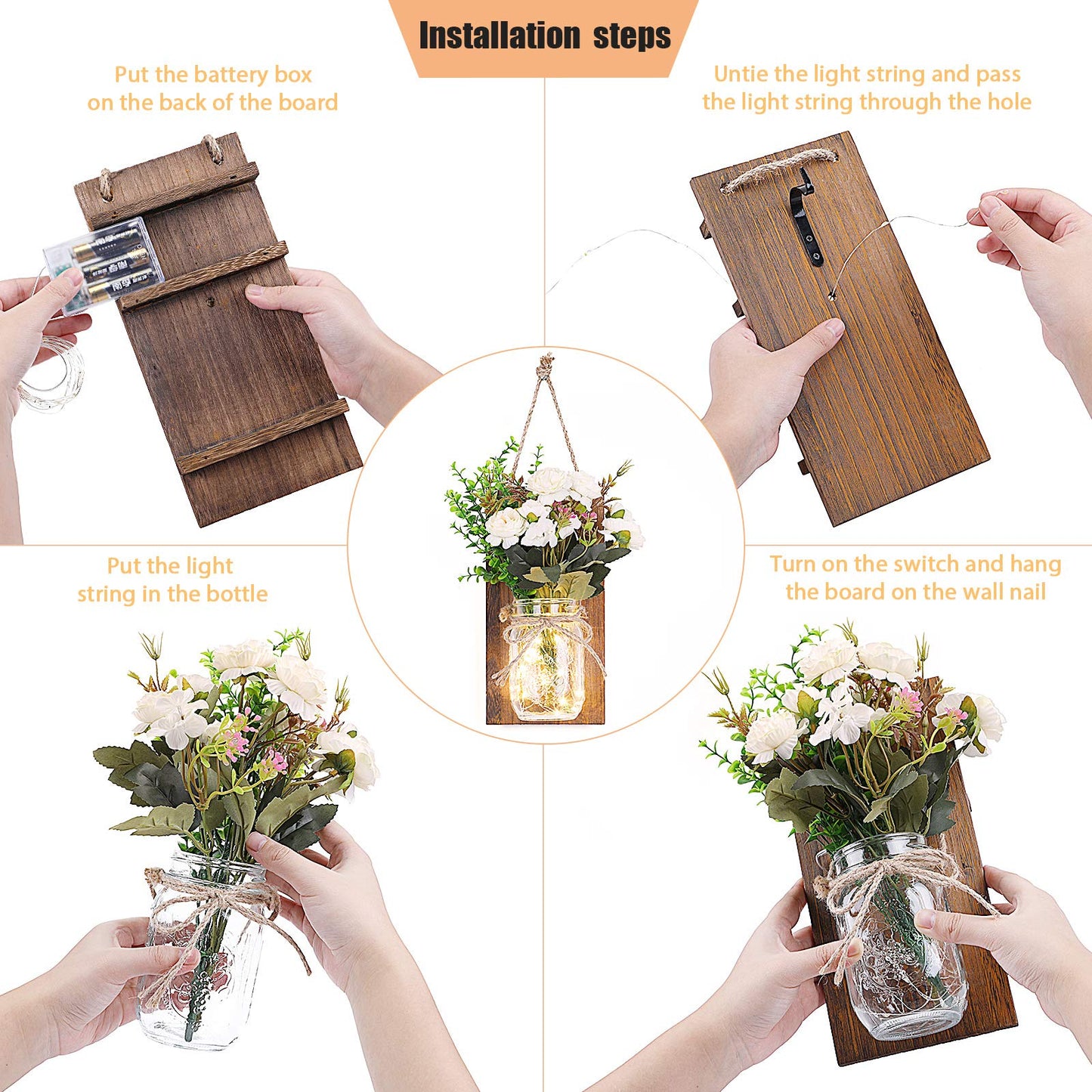 Lightess Wall Decor Mason Jar Sconces with Remote Control, Rustic Home Decor LED Fairy Lights with White Rose, Farmhouse Wall Decorations Lights Set of Two for Dining Room Living Room