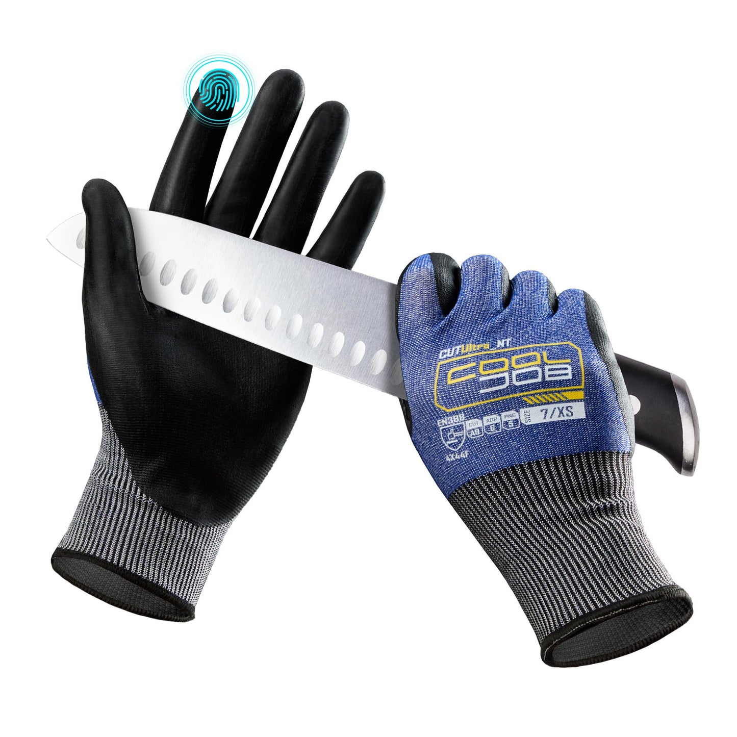 COOLJOB ANSI A9 Cut Resistant Gloves - 1/3 Pairs, Touchscreen Highest Knife Proof Level with Microfoam Nitrile Coated, Safety Work Gloves for Wood Carving, Glass Work, Construction, Blue Large