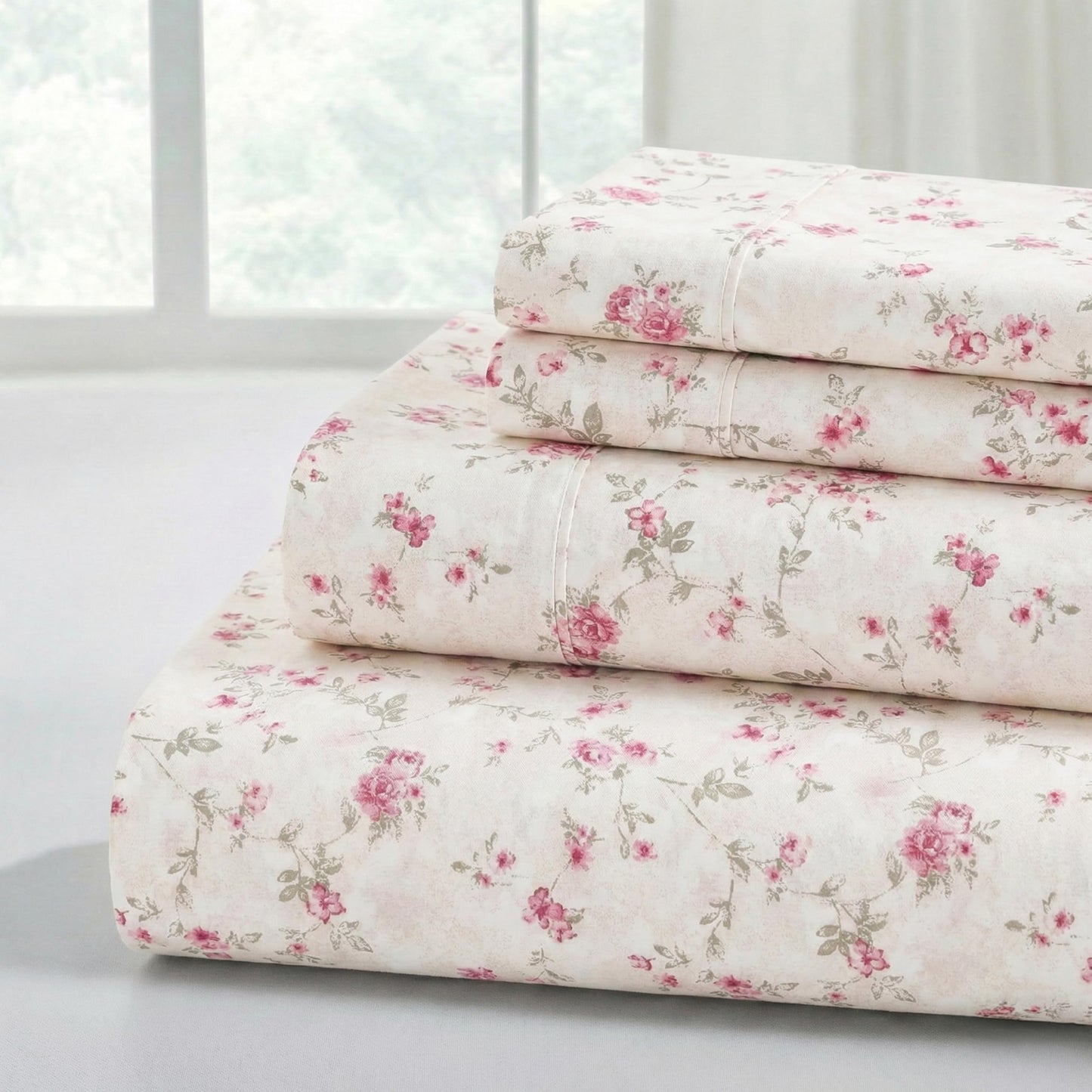Modern Threads 4-Piece Ultra Soft Microfiber Bed Sheets Set, Wrinkle Free Sheets with Deep Pockets Fitted Sheet, Flat Sheet & Pillowcases, Lightweight Breathable Bedding, Floral Rose, Queen