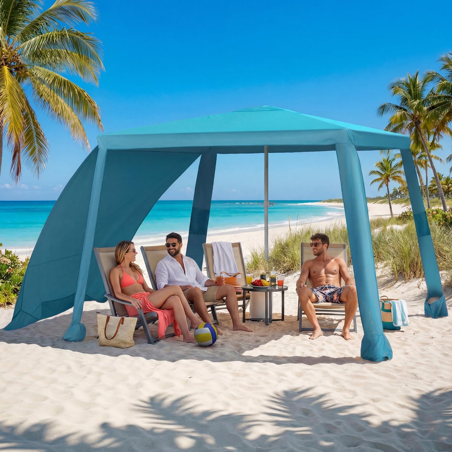 Beach Cabana, 6.6'×6.6' Portable Beach Canopy with Side Wall, Easy Up UPF 50+ Beach Tent Sun Shelter with Sand Pockets, Waterproof Cabana Umbrella Tent for Family, Backyards, Camping, Blue