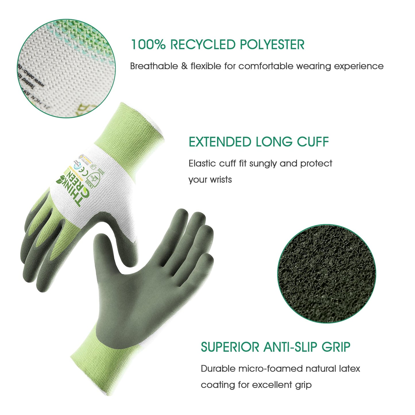 COOLJOB 3 Pairs Gardening Gloves for Women Men, 100% Recycled Polyester with Rubber Coated for Garden Patio Yard Lawn Work, Green, White & Grey, Medium Size