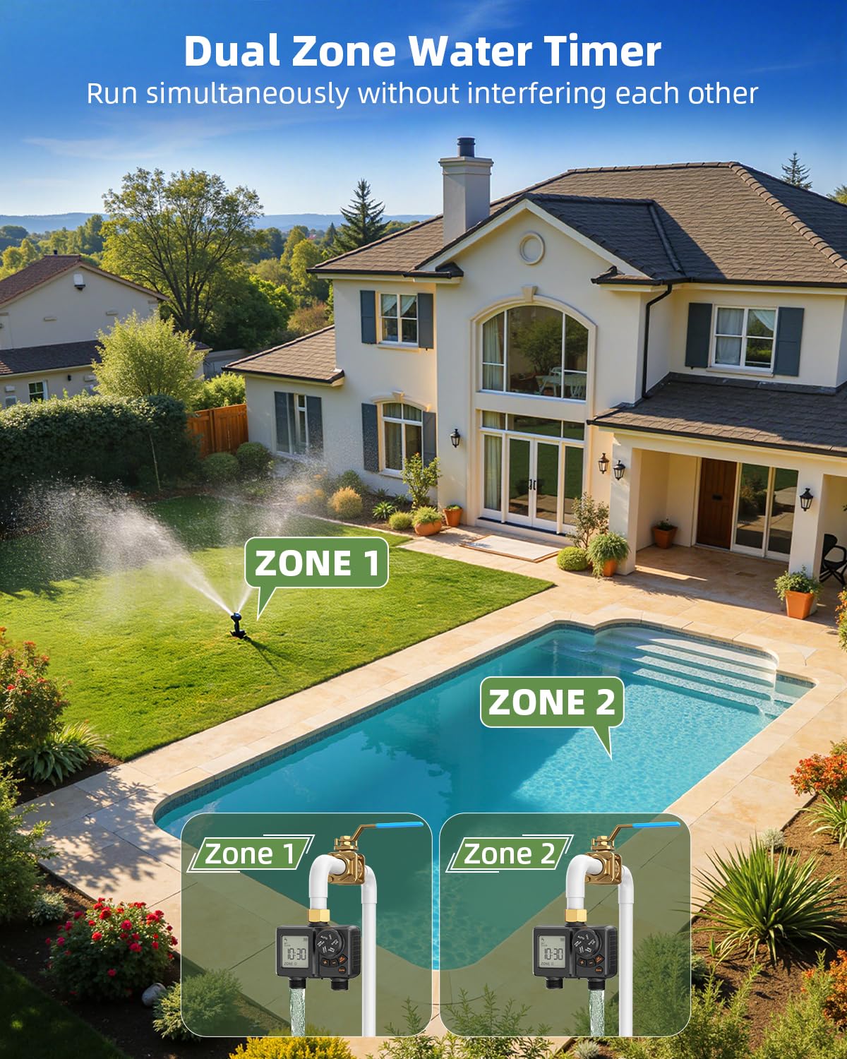 NTTYIECX Sprinkler Timer 2 Zone,Water Timer for Garden Hose with Lithium Battery ＆ Controller Brass Inlet, Delay/Manual/Automatic Watering Irrigation System for Yard, Lawn,Garden IPX6 Waterproof