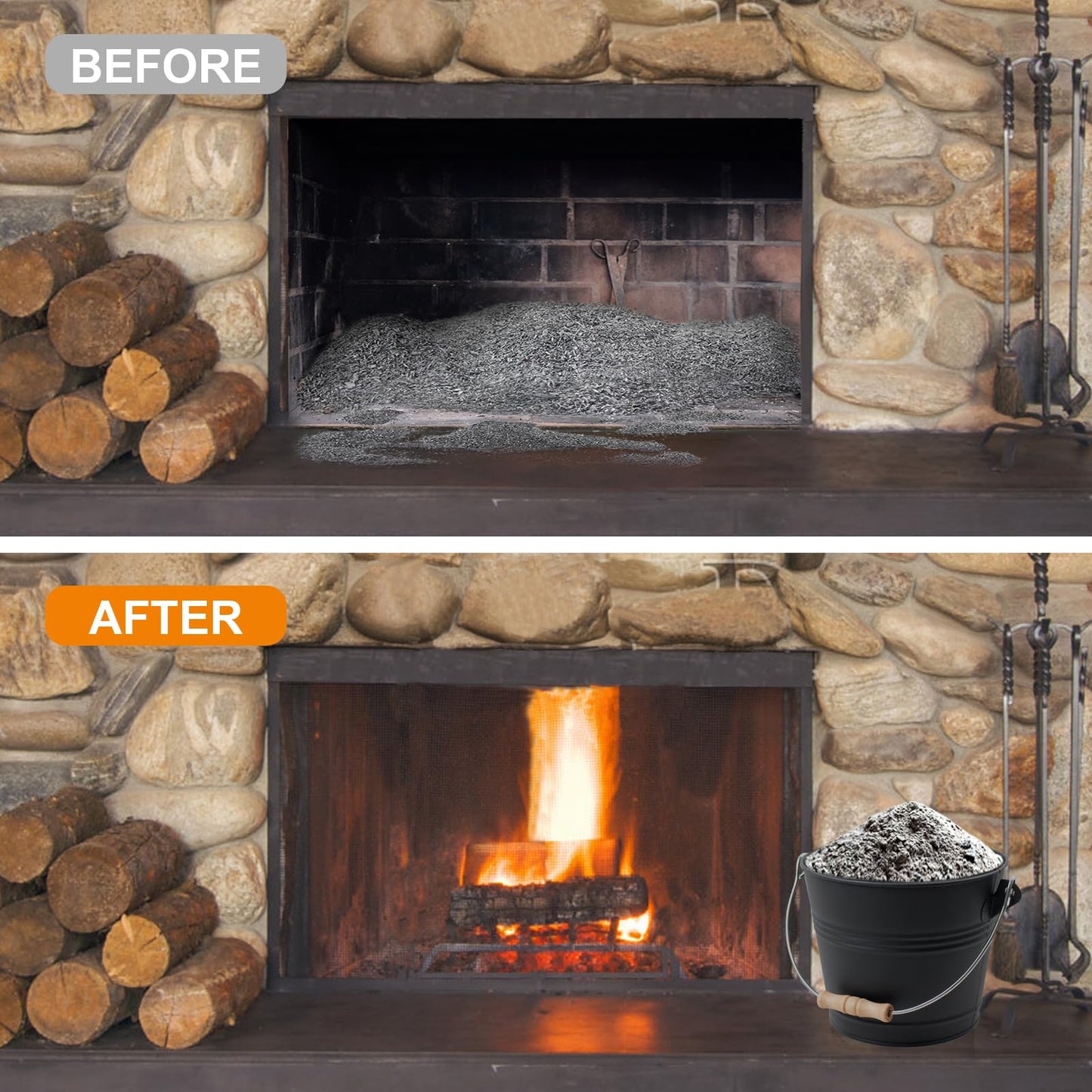 BRIAN & DANY Mini Ash Bucket with Lid and Shovel, 1.3 Gallon Fireplace Bucket with Broom, Ash Can for Fireplace, Ashes, Fire Pit, Wood Burning Stove