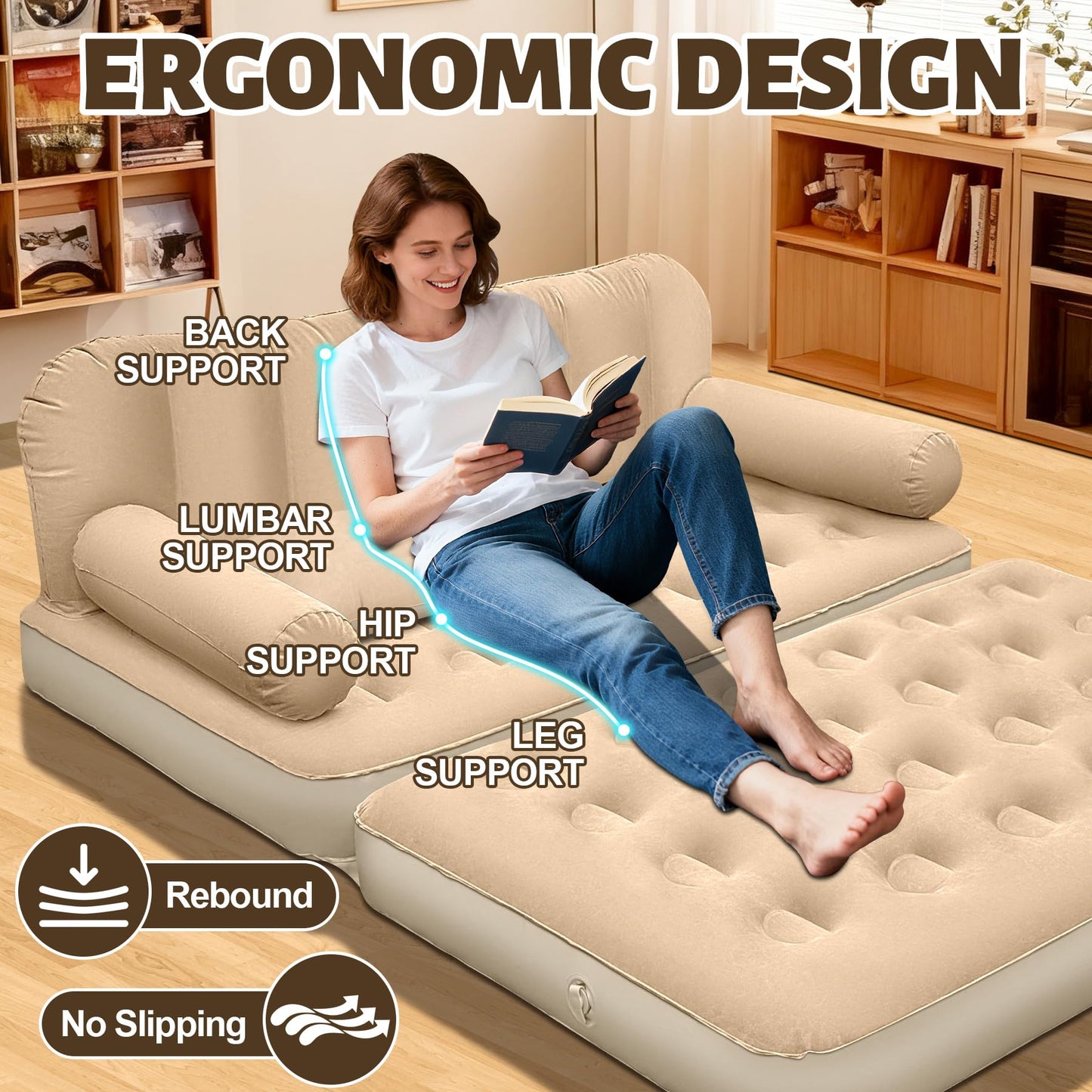 ChlorBlu Queen Size Air Sofa Bed Mattress with Headboard and Pump, Flocked Surface Blow Up Couch Inflatable Bed for Home,Folding Inflatable Couch for Camping, 2-in-1 Valve Inflatable Sofa 73"x61"x32''