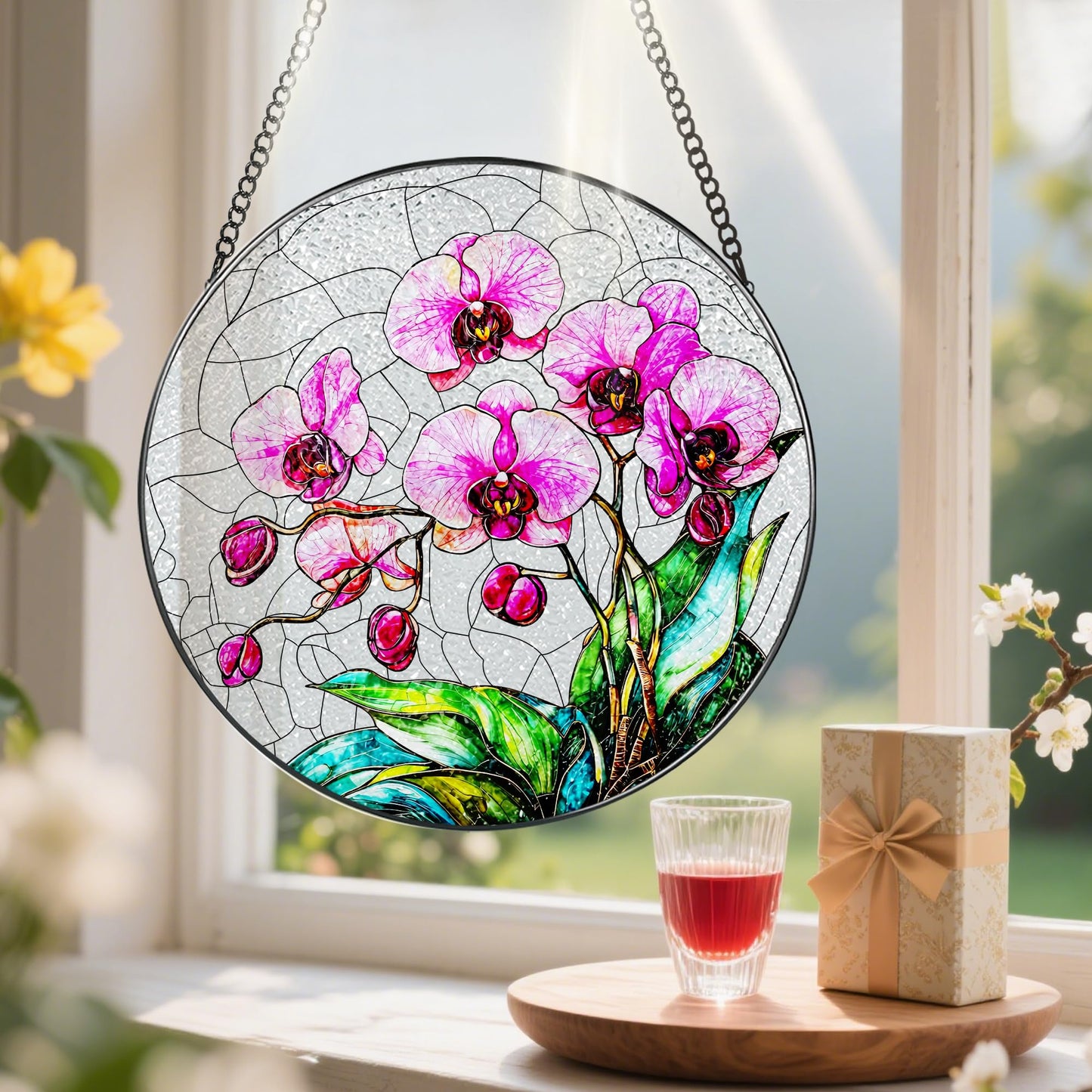 8-Inch Stained Glass Ornament, Stained Glass Window Hanging, Window Hanging Decor Suncatcher, Orchid Flower Ornament | Christmas, Mother's Day, Birthday | Gifts for Mom & Grandma, Flower Lover Gift