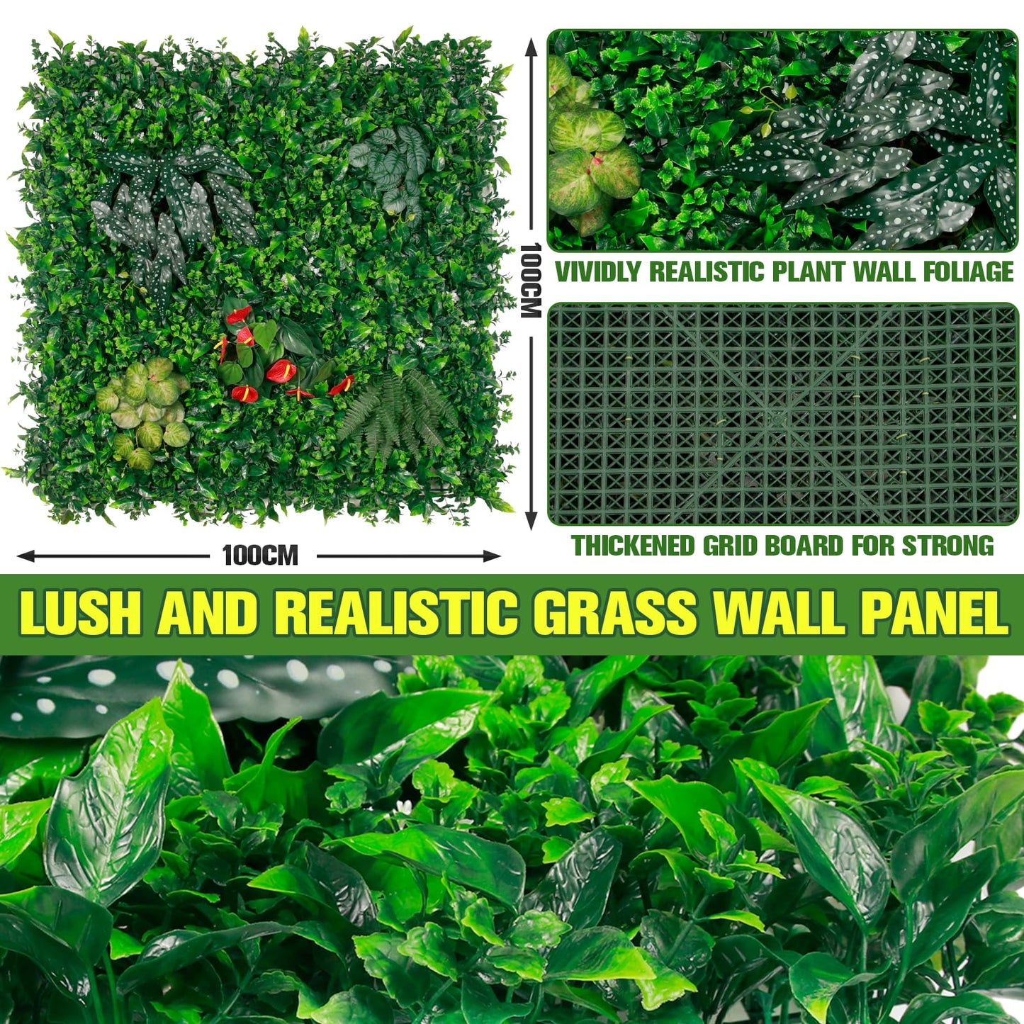 6pcs 39.37"X39.37" PE Artificial Grass Wall Panel, 8-Plant Mixed Foliage, Easy DIY Installation with Zip Ties, Indoor Outdoor Privacy Screen for Home Garden Wedding Decoration
