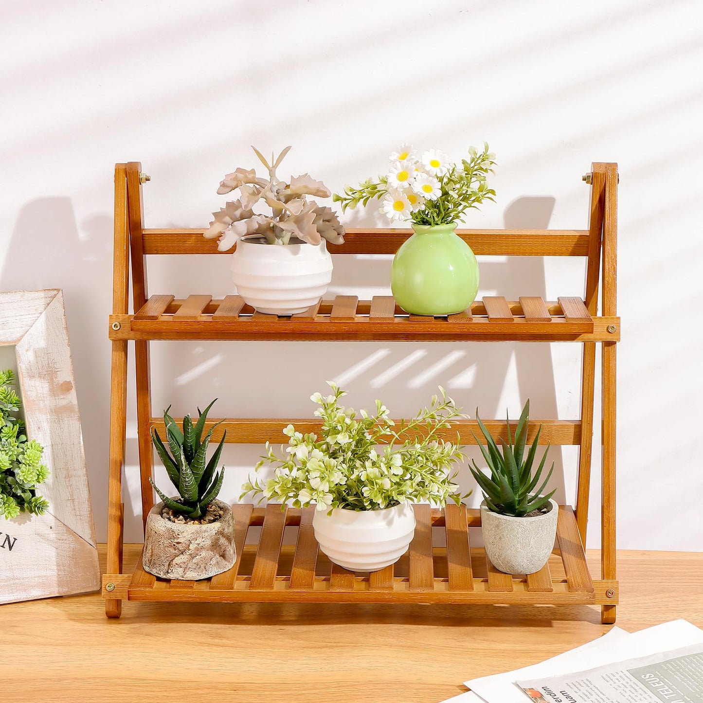 HCEWSBFD 14.6"/18.5" 2 Tiers Bamboo Plant Stand Shelf Wicker-Look Coffee Station Organizer Matcha Station Shelf Bamboo Mug Holder Countertop Kitchen Shelfs Condiment for Office Decorate Storage Rack