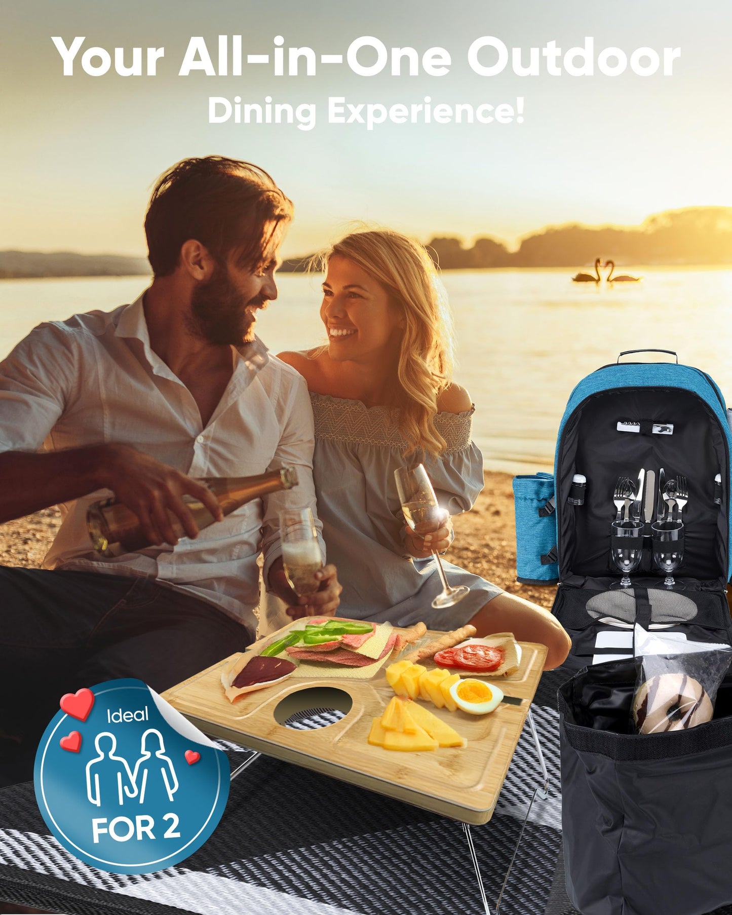 PL Harmony Picnic Backpack for 2 - All-in-One for Couples [with Picnic Blanket & Portable Wine Table] - Waterproof 32L - Insulated Picnic Set - Cooler Pouch & Wine Holder - Dating, Outdoor & Camping