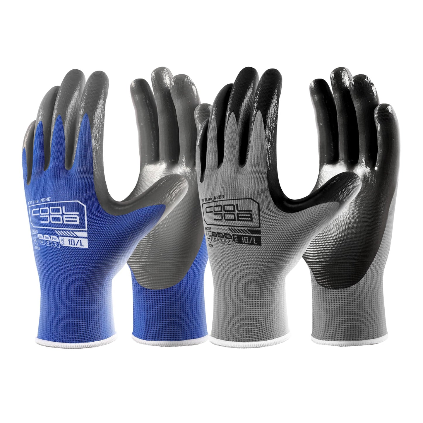 COOLJOB 10 Pairs Nitrile Dipped Safety Work Gloves with Grip, Non-slip Rubber Coated Bulk Garden Gloves for Men, Heavy-duty Oil Resistant for Truck Driver, Warehouse Box Handler, Small, Gray Blue