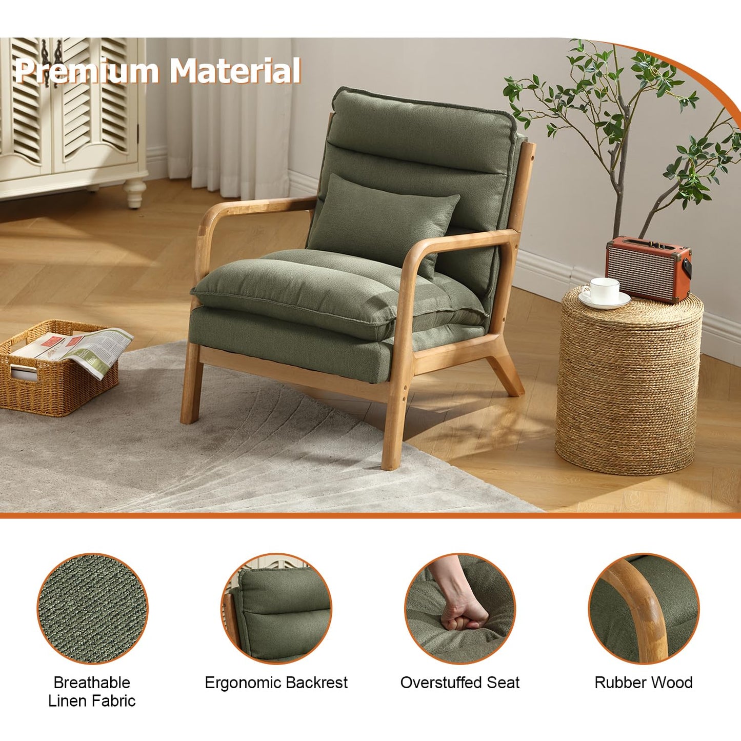 INZOY Mid Century Modern Accent Chair with Wood Frame, Upholstered Reading Armchair with Waist Cushion, Double Padded Accent Chair, Side Chair for Living Room Bedroom Office, Easy Assembly, Green