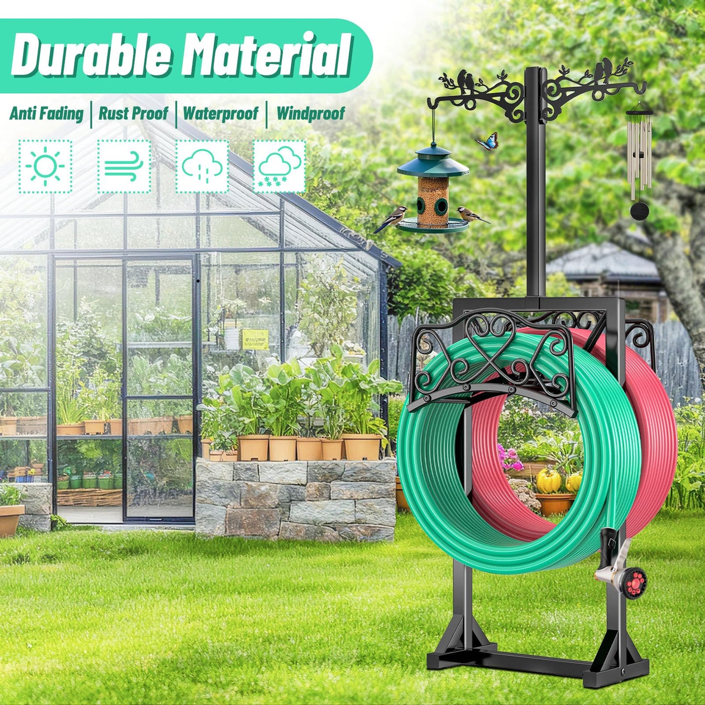 ODSNANIE Garden Hose Holder for Outside,Water Hose Holders with 2 Bird Statue Shepherds Hooks & 5 Spikes,Double-Sided Freestanding Hose Stand Heavy Duty Hose Storage Rack for Outdoor Yard Lawn Farm