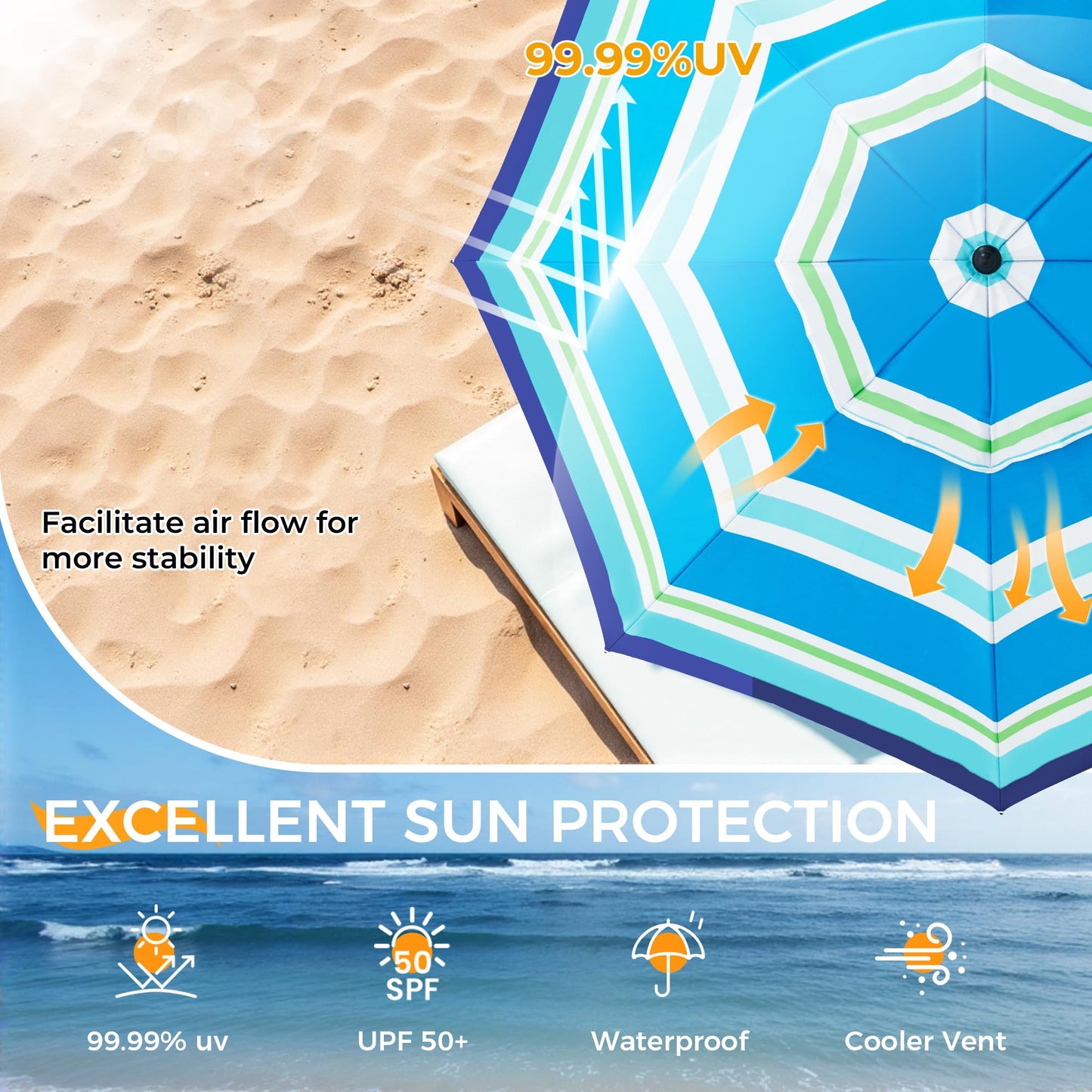 HOMEDEMO 8FT Large Beach Umbrella with Weight Bag & Sand Anchor, Outdoor Umbrellas with Adjustable Aluminum Pole and Built-in Table, Heavy Duty Windproof & UPF 50+ Design, Parasol, Blue Green White