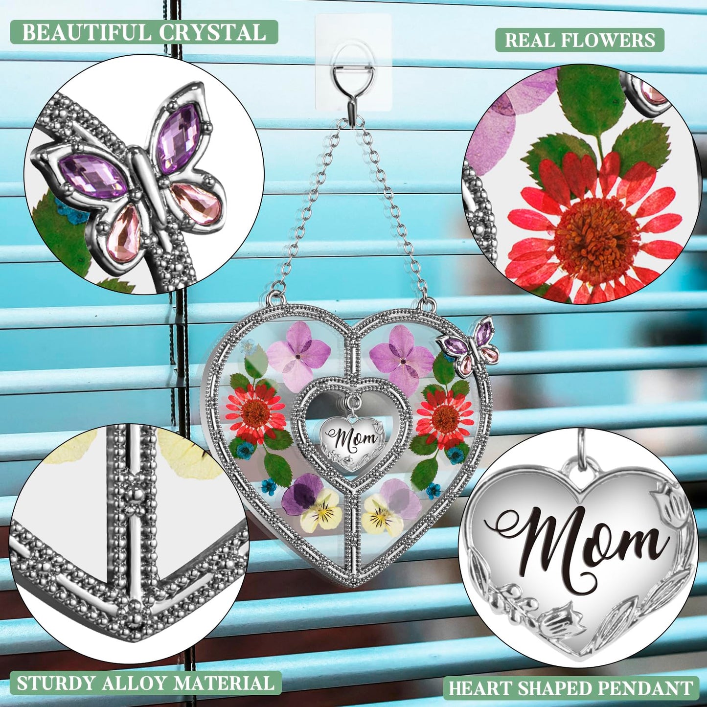 West style Heart Suncatcher Wind Chime with Butterfly Wing Pressed Real Flower Gifts for Mom, Stained Glass with Hook and Heart Hang Tag, Birthday for Mother Grandmother (Mom)