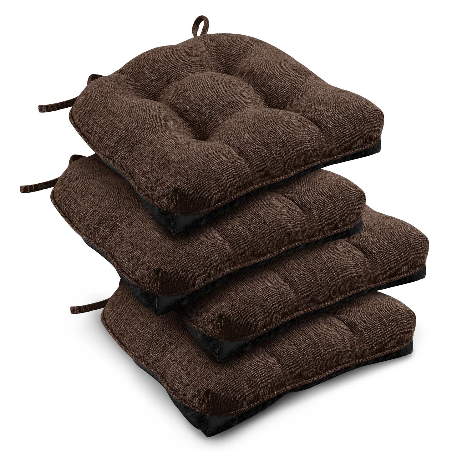 downluxe Indoor Chair Cushions for Dining Chairs, Tufted Overstuffed Textured Foam Kitchen Chair Pads with Ties and Non-Slip Backing, 15.5" x 15.5" x 4", Brown, 4 Pack