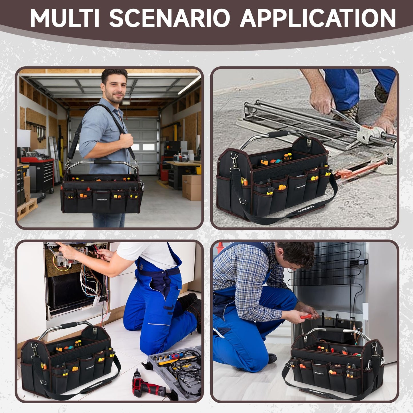 16 In Tool Carrier, Open Top Tool Tote 30 Pockets, Waterproof Tool Bag For Men, Foldable Wide Mouth Electricians Tool Bag, With Stainless Steel Handle and Removable Shoulder Strap