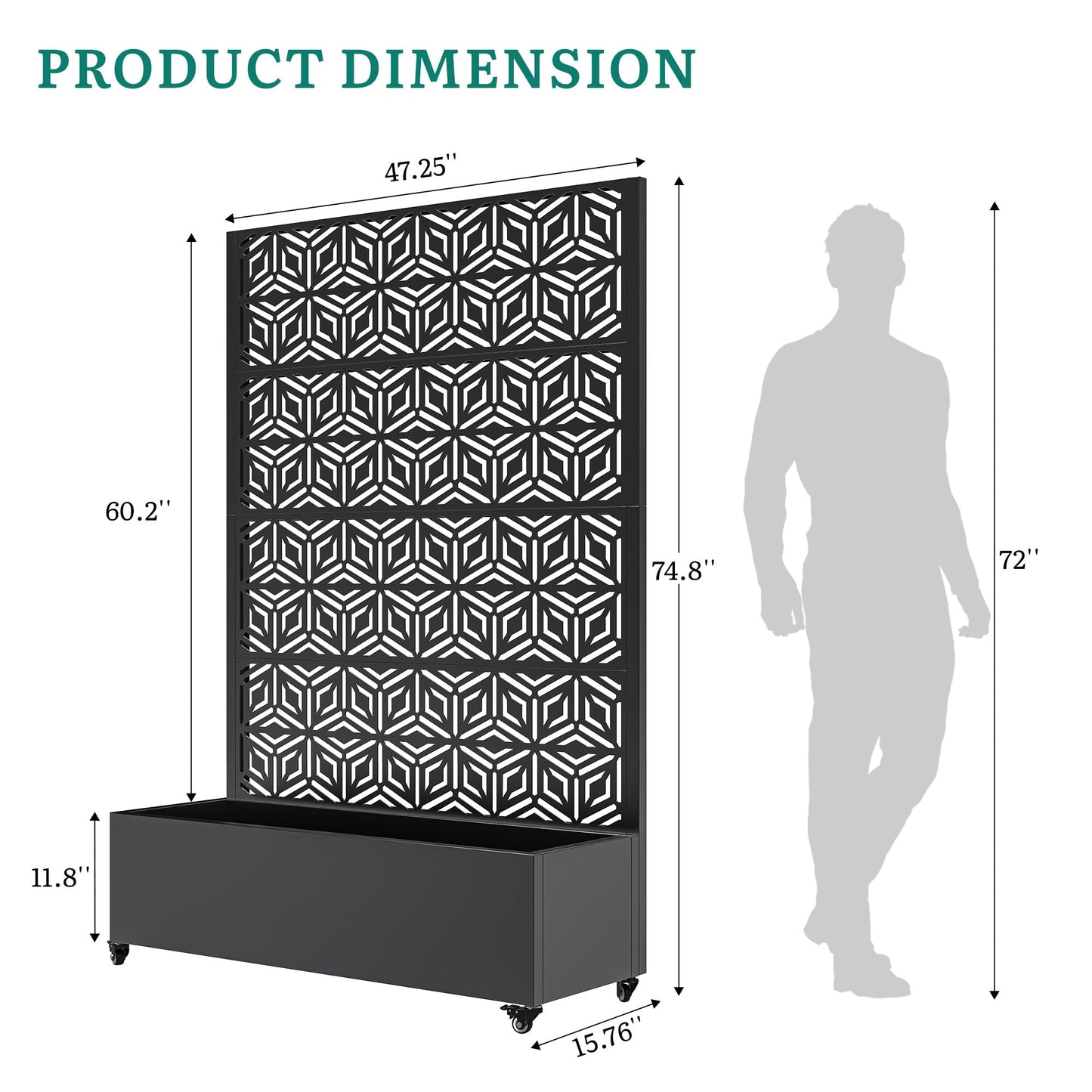 Ultym Metal Planter Box with Trellis 73"x47"x16", Galvanized Steel Raised Garden Bed with Privacy Screen, Lockable Casters, Planter with Drainage Holes for Outdoor Climbing Plants, Vegetables, Patio