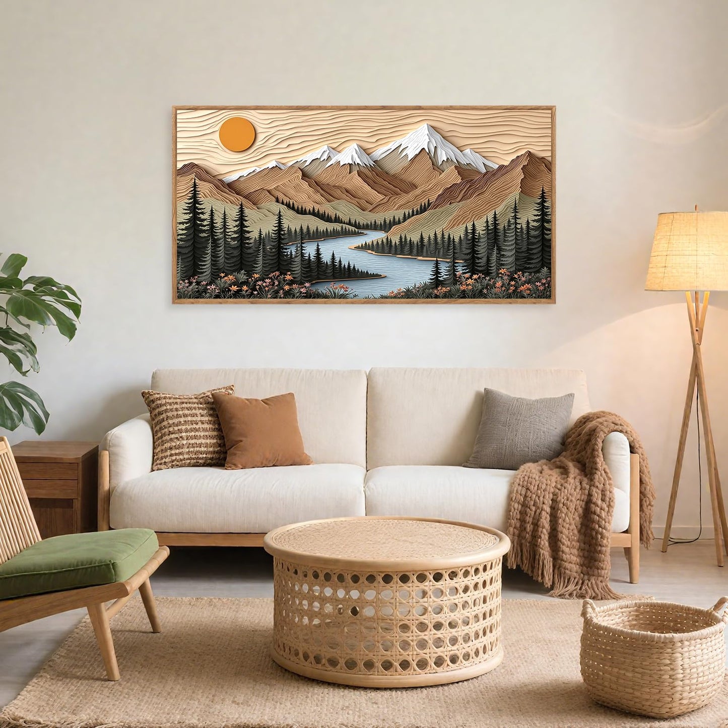 CHDITB Mountain Framed Wall Art, Long Horizontal Mountains Wall Decor, Sun Lake Pine Trees Nature Wall Painting, Modern Rustic Farmhouse Landscape Art Prints for Bedroom Office Decoration 20"x40"