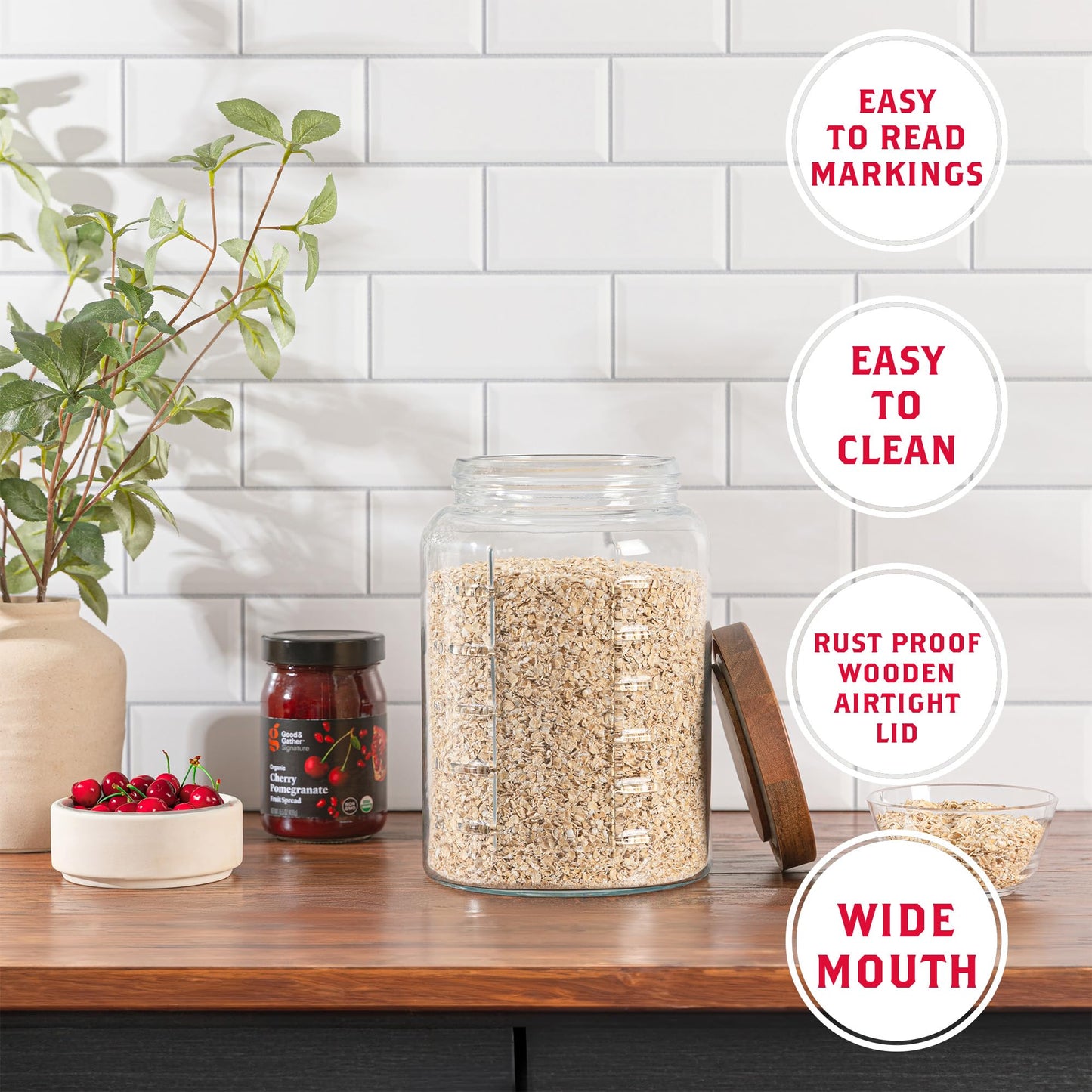 kitchentoolz Extra Large Mason Jar - 1 Gallon Glass Wide Mouth Jar with Airtight Wooden Lid, Food Storage Container with Measurement Markings For Kitchen Pantry, Pickling, Cookies, Flour & Sugar