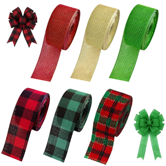 6 Rolls 36 Yards Plaid Ribbon for Gift Wrapping 1 Inch Christmas Burlap Ribbon Rolls for Wreath Bow Gift Decorations
