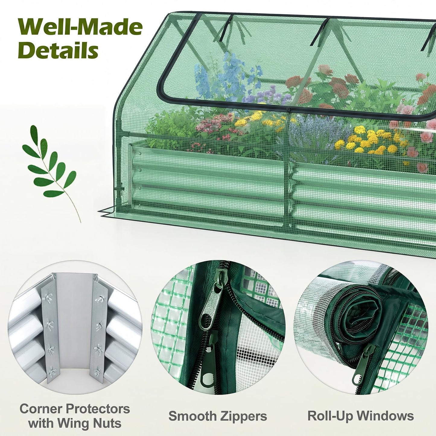 SAFSTAR Raised Garden Bed with Cover, 6FT x 3FT x 3FT Galvanized Bottomless Garden Bed with Greenhouse, Dual 2-Tier Roll-Up Windows, Outdoor Metal Planter Box Kit with Cover (Green)