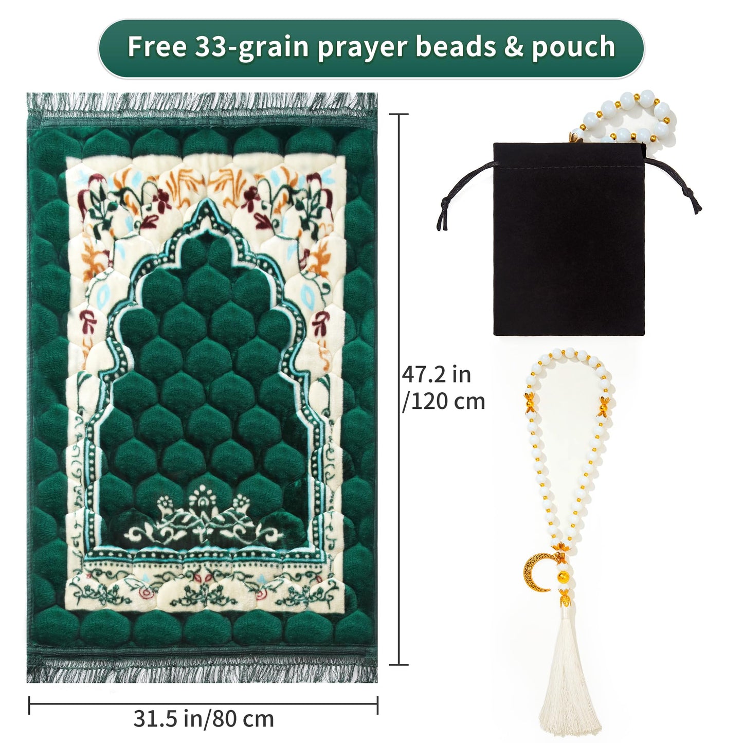 YAZEIN Muslim Prayer Rug with Tasbih Prayer Beads, Soft Large Prayer Matt Islam, Padded Islamic Prayer Mat Thick for Men and Women, Janamaz, Sajadah (31.5" x 47.2", Green)