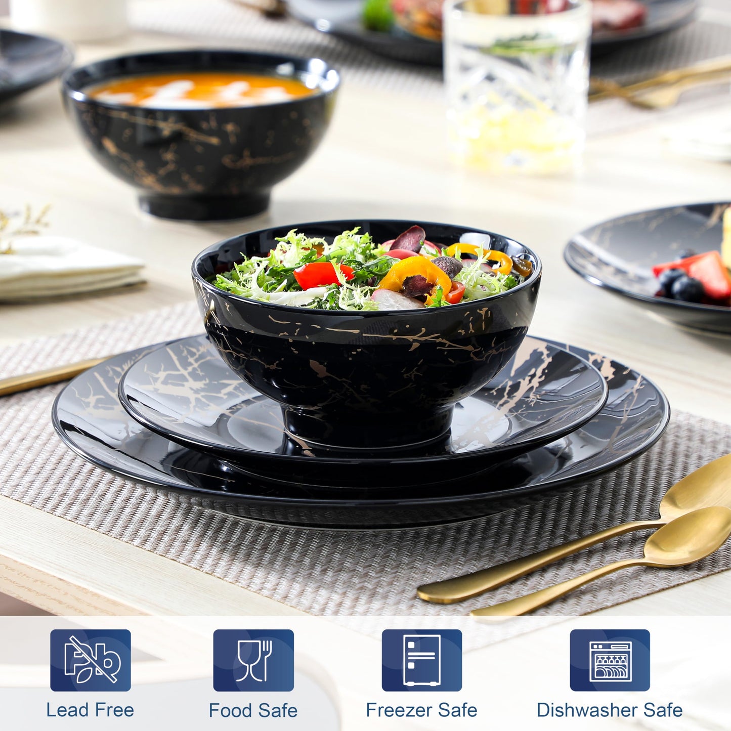 LOVECASA Plates and Bowls Sets for 4, 12 Pieces Porcelain Dinnerware Sets, Black and Gold Dish Set Gold Splash Dishware Sets, Dishwasher Microwave Safe