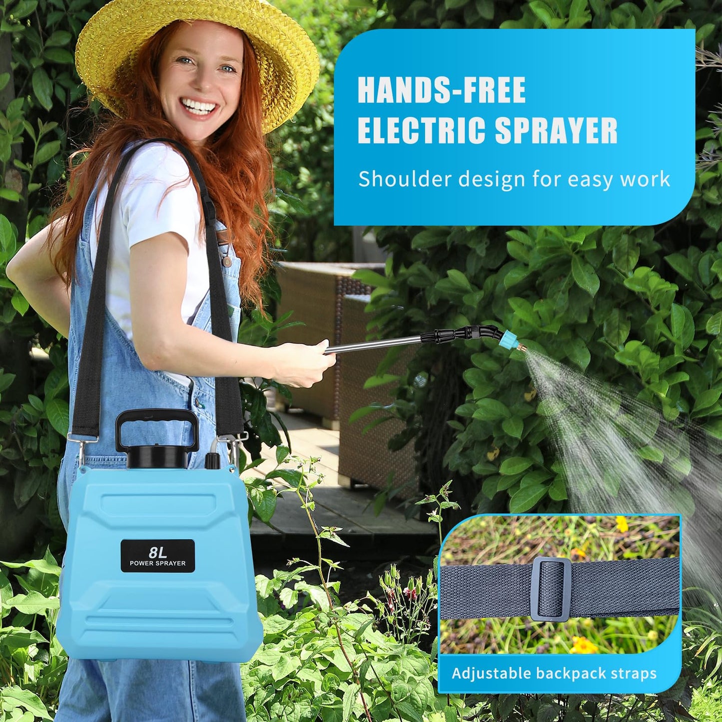 2 Gallon Battery Powered Sprayer, Electric Garden Sprayer, Pump Sprayer with 3 Mist Nozzles & USB Rechargeable Handle & Retractable Wand & Adjustable Strap for Lawn, Garden, Yard(Blue)