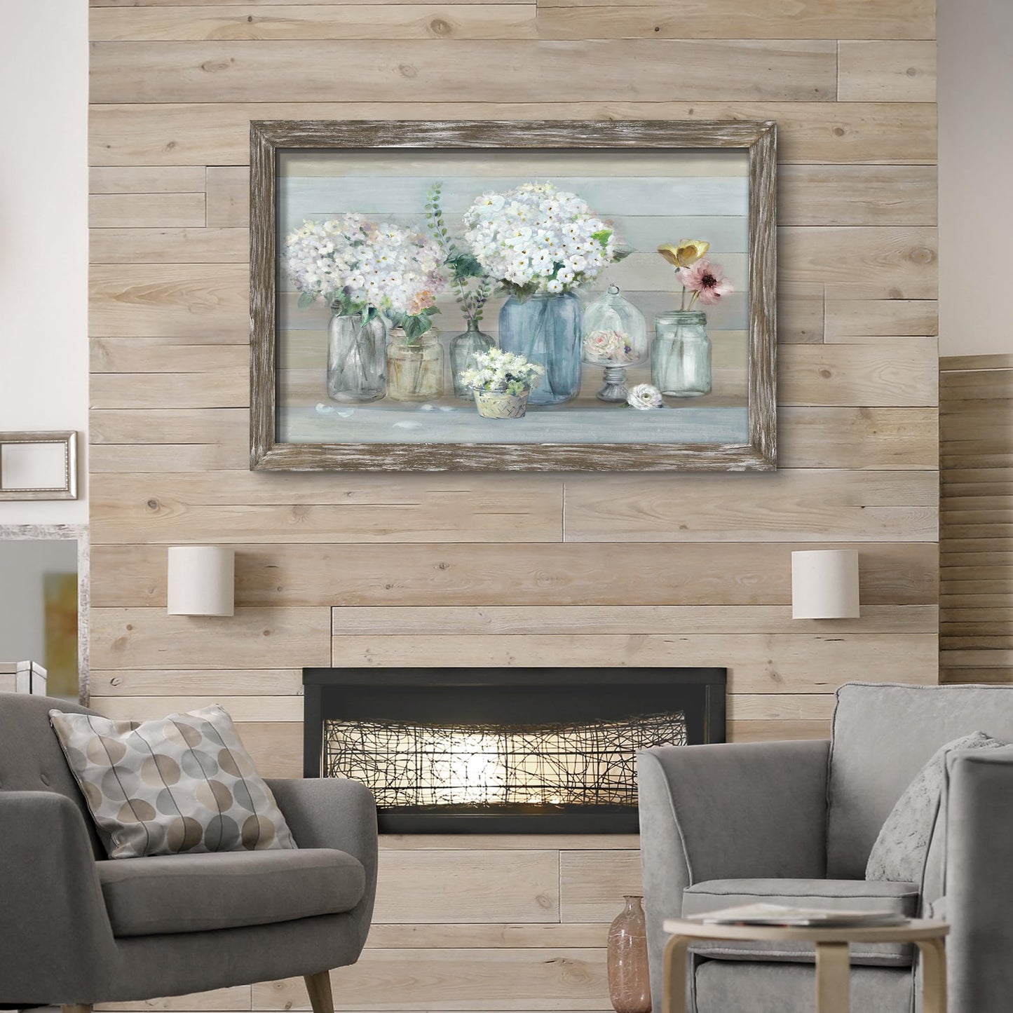 Framed Wooden Flowers Wall Art: Large Florals Vase Picture Botanical Plants Artwork for Living Room