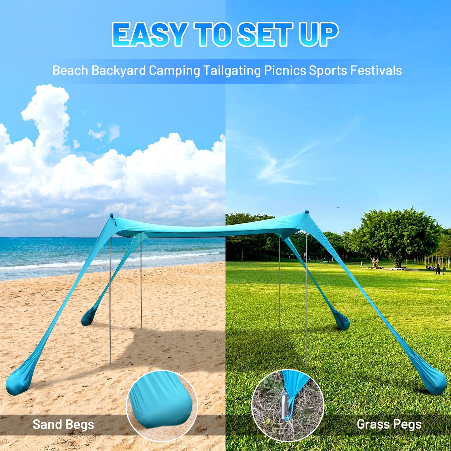 BOTINDO Family Beach Tent Canopy Sun Shade, Pop Up Grande Beach Tent Sun Shelter Stability 4 Poles with Portable Carry Bag Outdoor Shade for Fishing Backyard Camping (Turquoise, 10x10FT 4Pole)