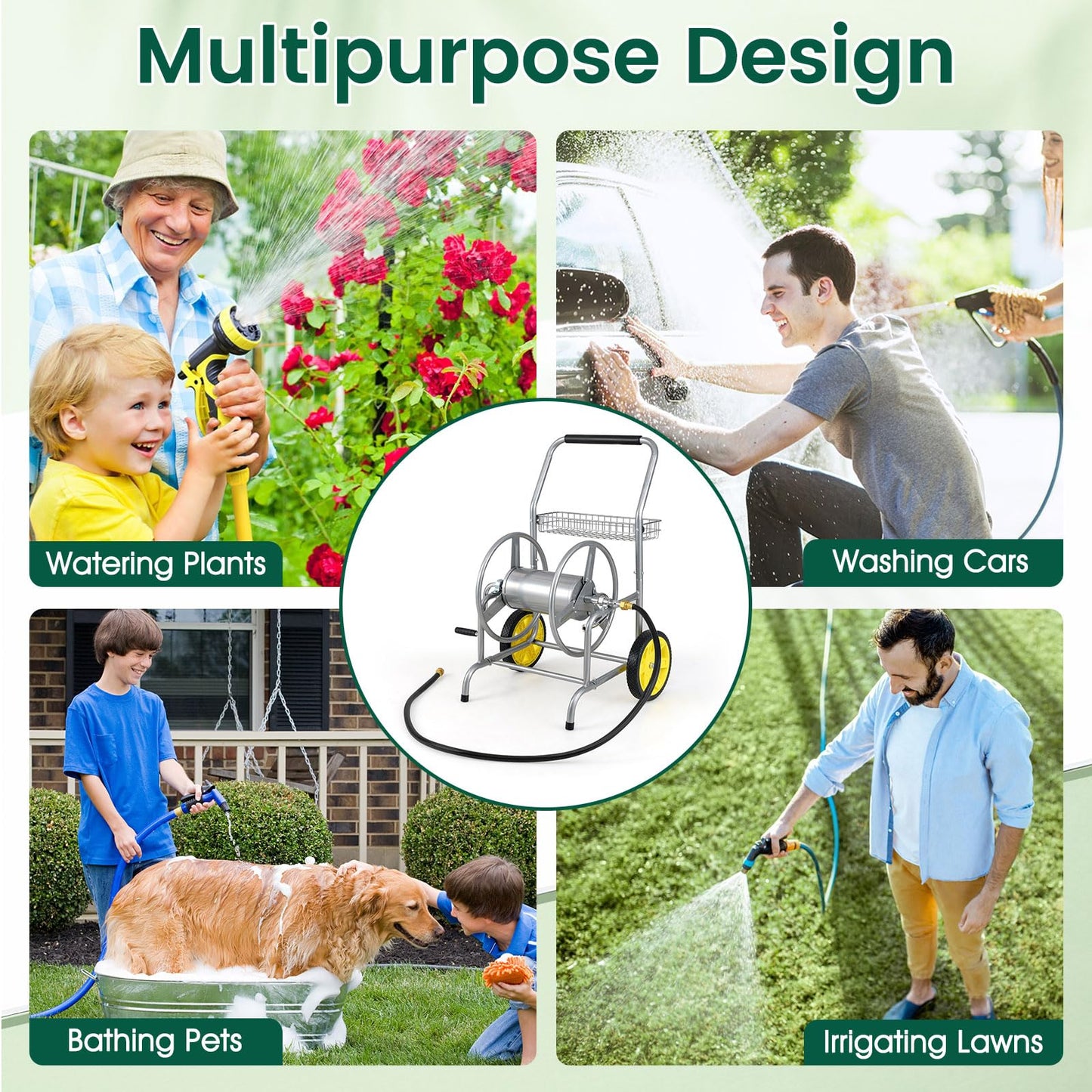 Goplus Garden Hose Reel Cart, 230 FT of 5/8" Large Capacity, Heavy-Duty Metal Hose Cart w/ 2 Wheels, Storage Basket, Portable Water Hose Organizer for Outside Yard, Outdoor Planting Tool