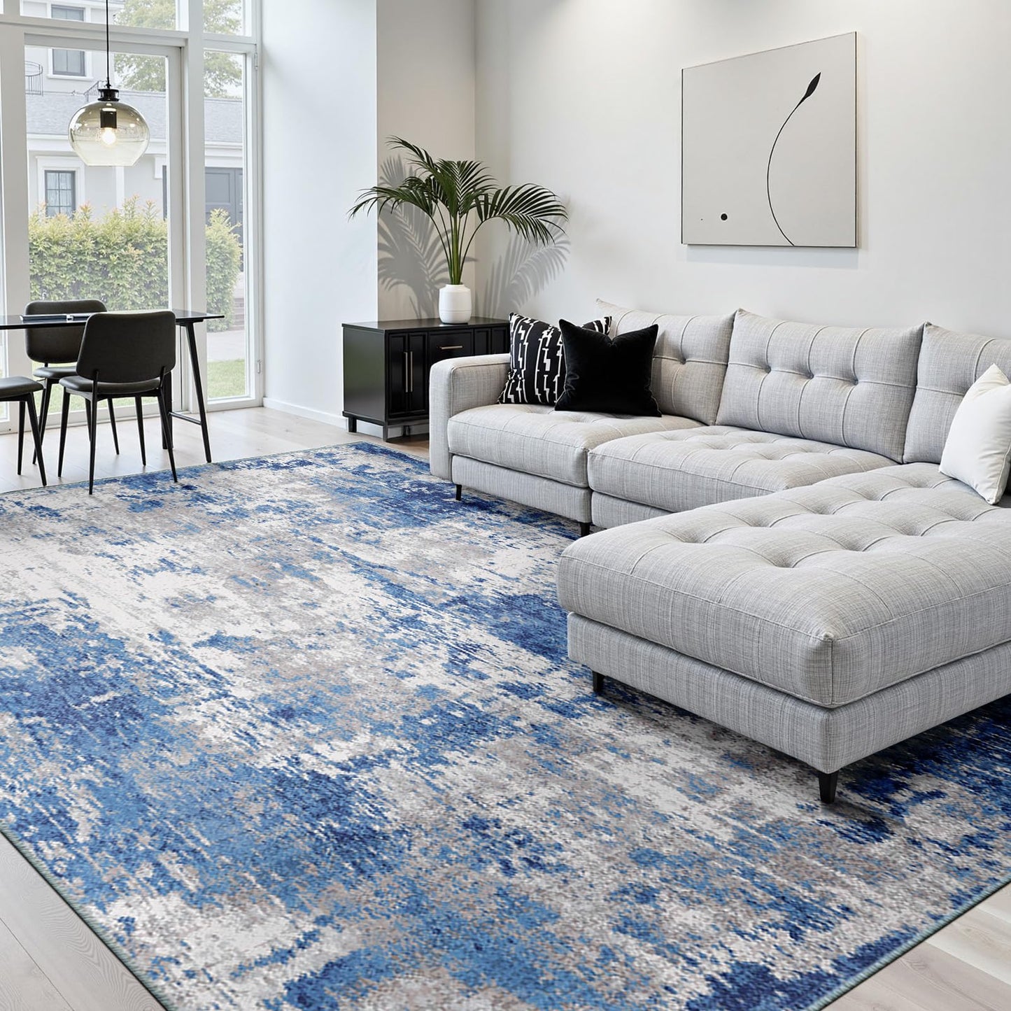 RELEANY Washable Area Rugs 5'x7' Non-Slip Modern Abstract Soft for Living Room Entryway Bedroom Nursery, Print Pattern, Blue Grey Navy Gray